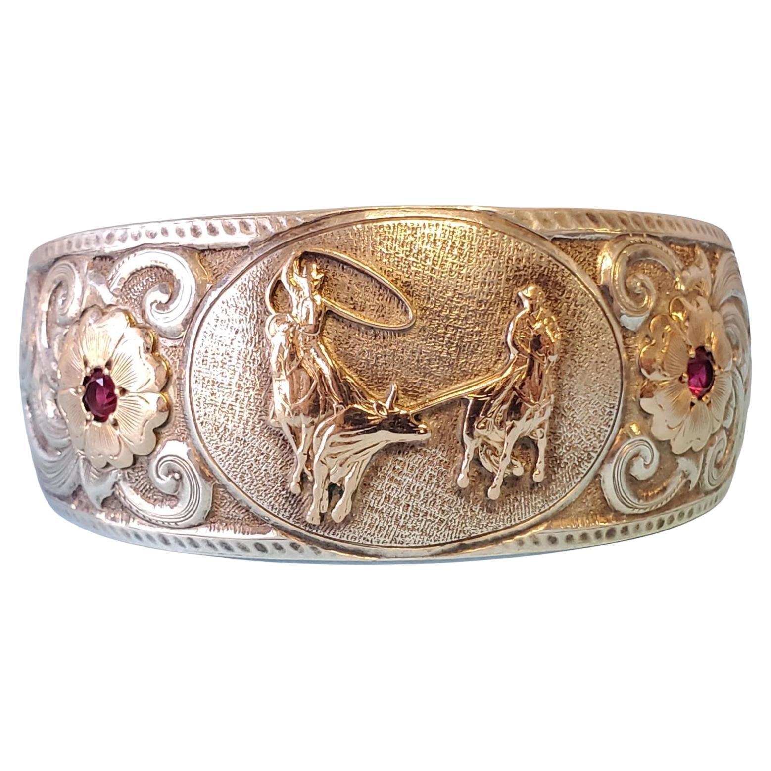 Vintage Gist Signed Sterling Cuff Bracelet Cowboy Motif with gold accents For Sale