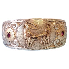 Vintage Gist Signed Sterling Cuff Bracelet Cowboy Motif with gold accents