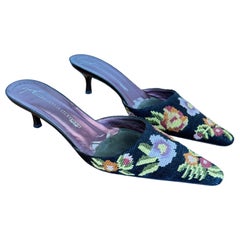 Vintage Giuseppe Zanotti 1990s Floral Needlepoint Kitten Heel Mules Sz 8.5 AA