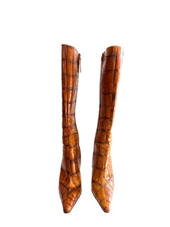 Vintage Giuseppe Zanotti Crocodile-Embossed Leather Stiletto Boots Size 37.5