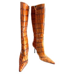 Vintage Giuseppe Zanotti Crocodile-Embossed Leather Stiletto Boots Size 37.5