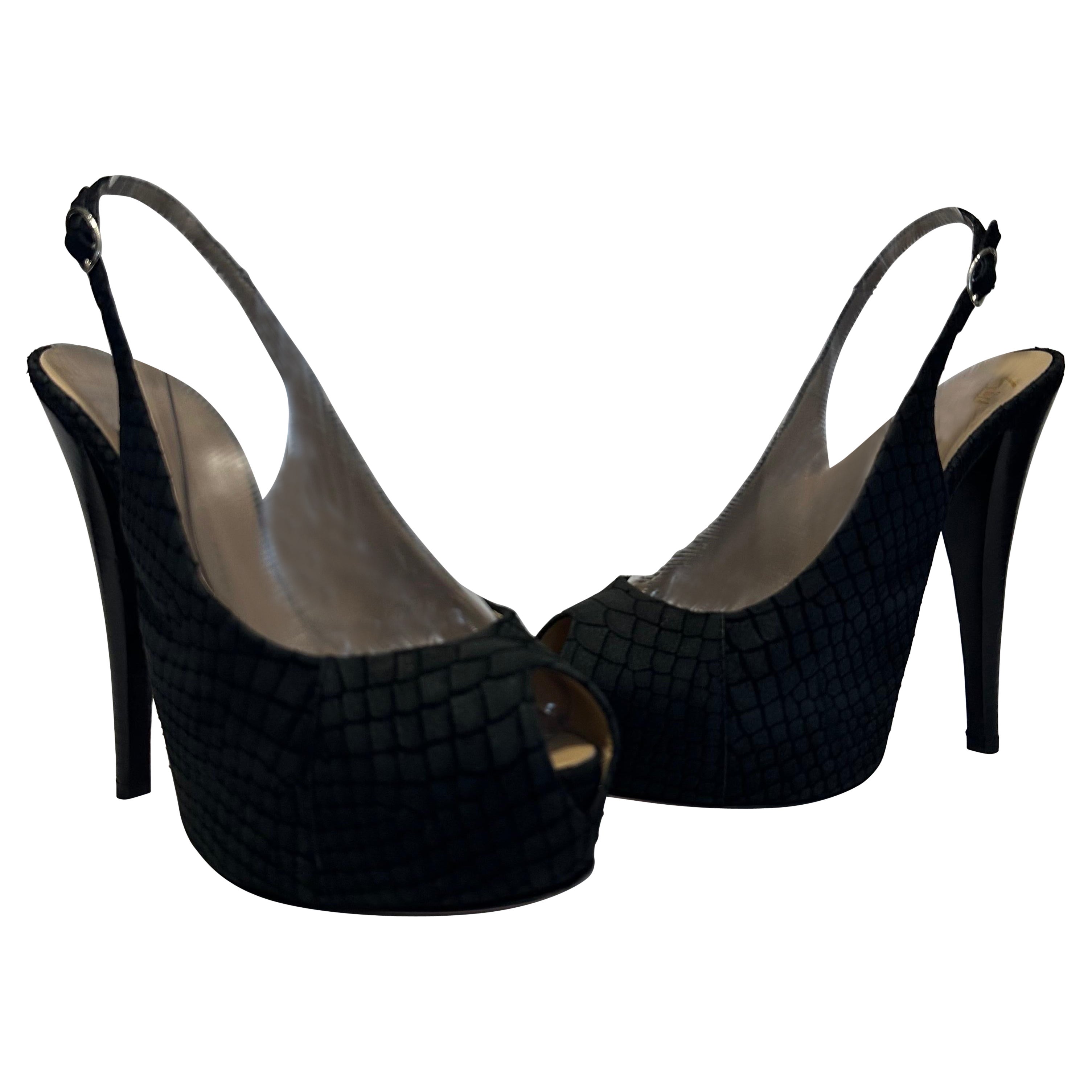 Pre-owned Giuseppe Zanotti Python Embossed Suede Slingback Pumps It 38.5 Black Peep Toe