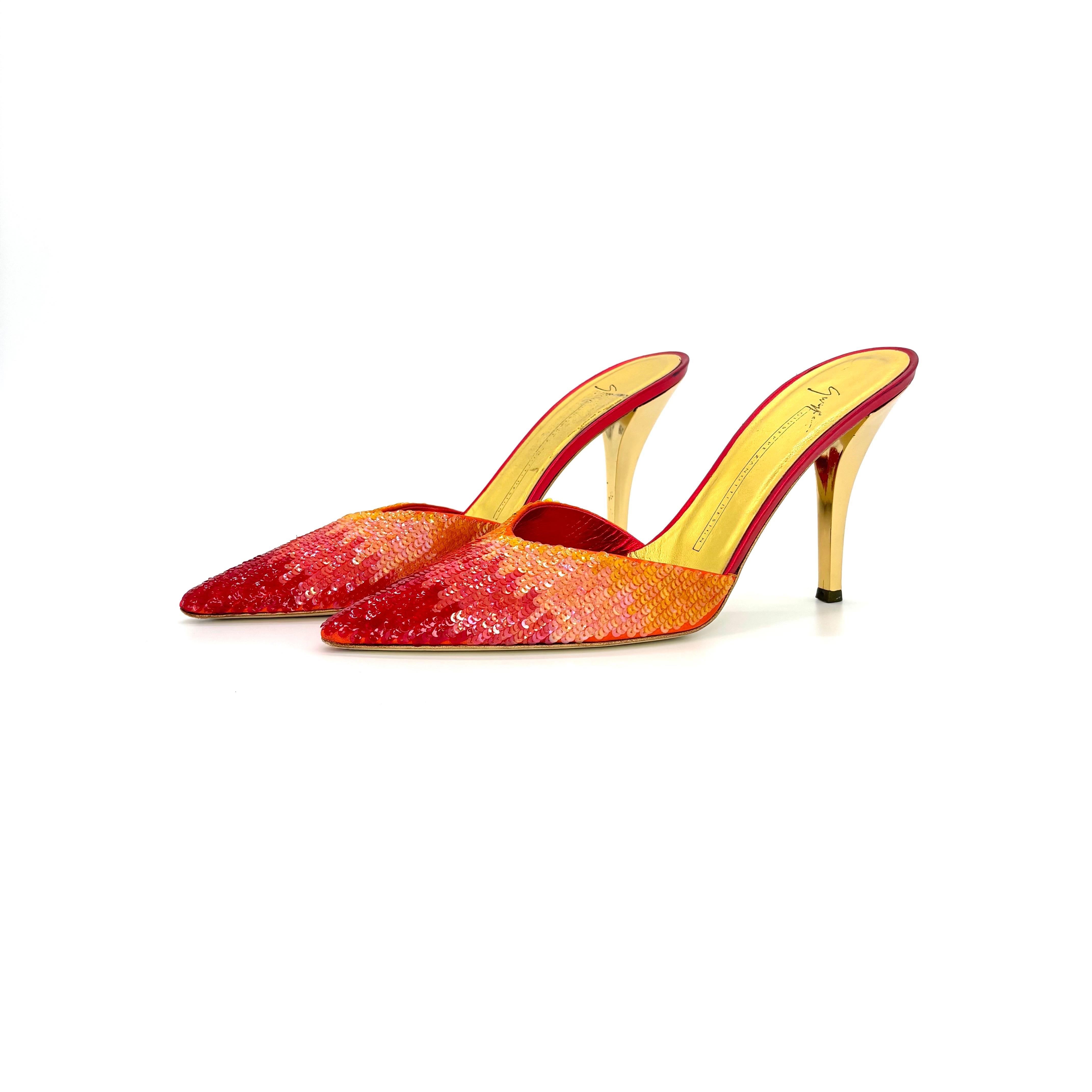 Vintage Giuseppe Zanotti Sequin Pointed Toe Heeled Slip On Mule Pumps 

Color Multi
Size 38.5EU
Heel Height 4in

Satin upper
Leather sole
Degrade sequin colors 
Gold heel and insole
Pointed toe
High stiletto heel
Made in Italy

Signs of normal wear,
