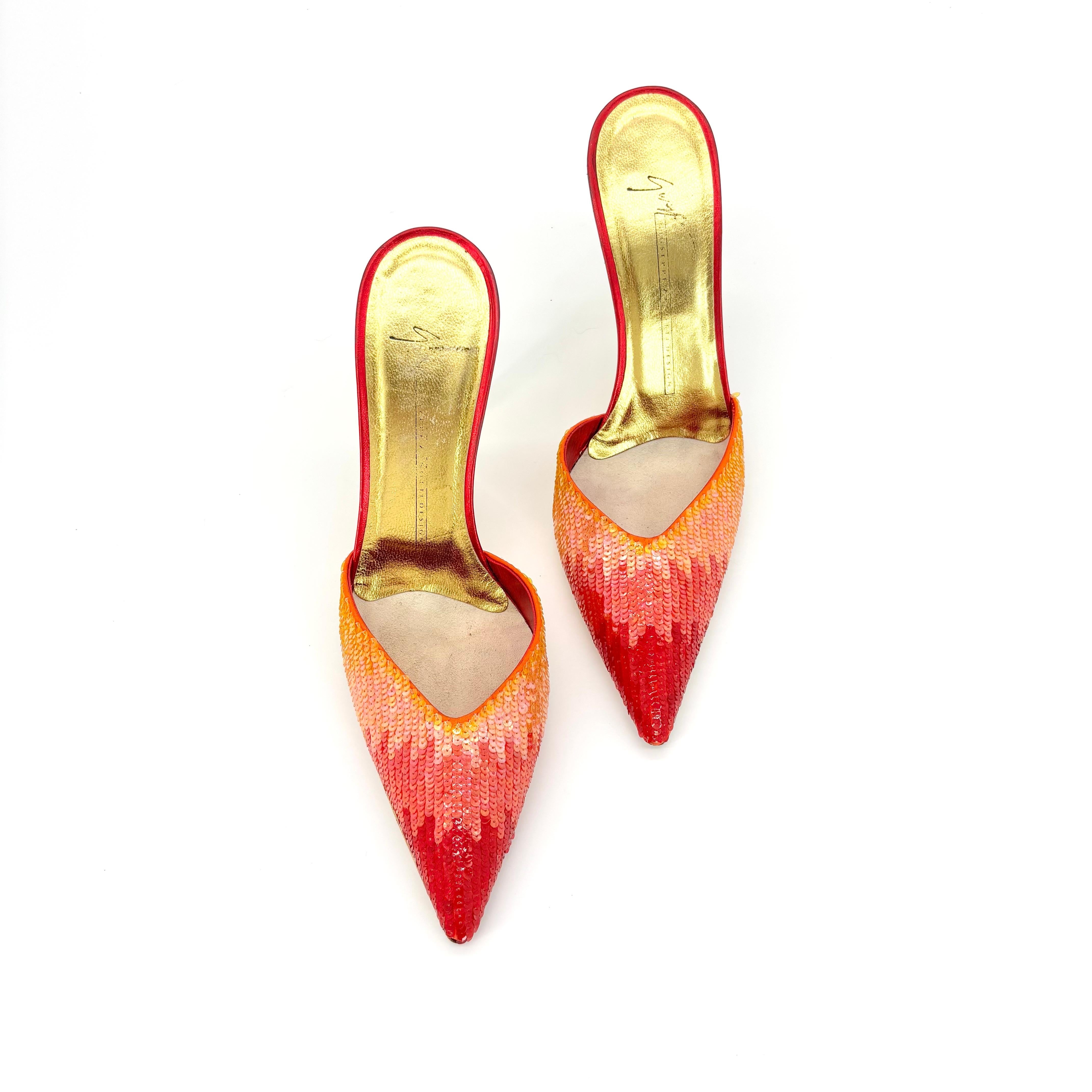 Orange Vintage Giuseppe Zanotti Sequin Pointed Toe Heeled Slip On Mule Pumps 38.5EU For Sale