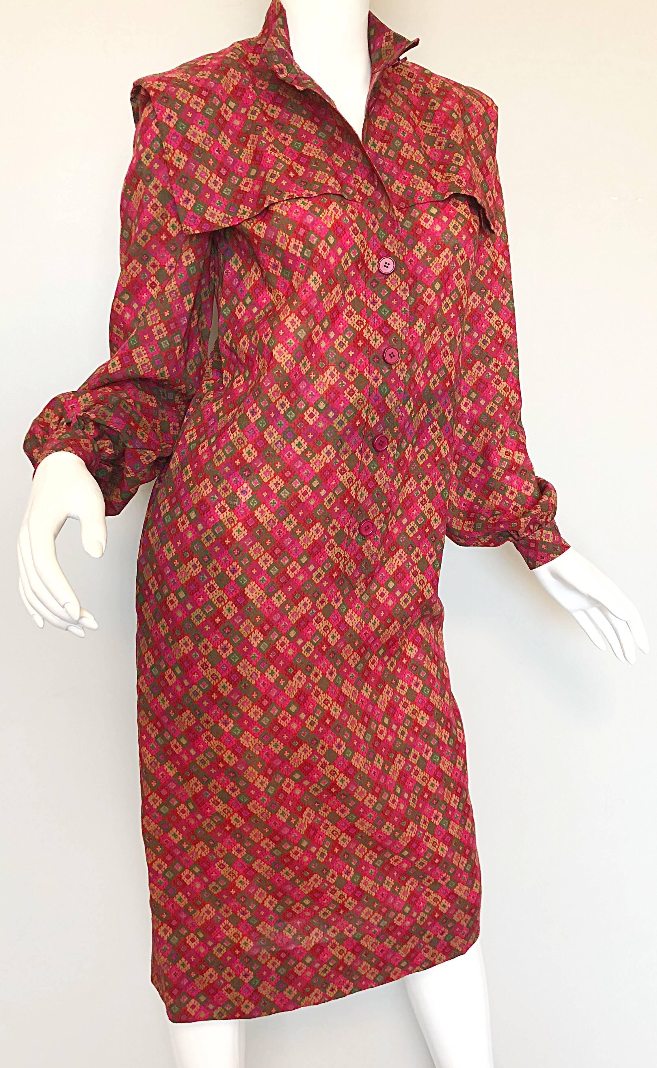 Brown Vintage Givenchy 1980s Mosaic Tile Print Pink + Green Lightweight Wool Sac Dress For Sale