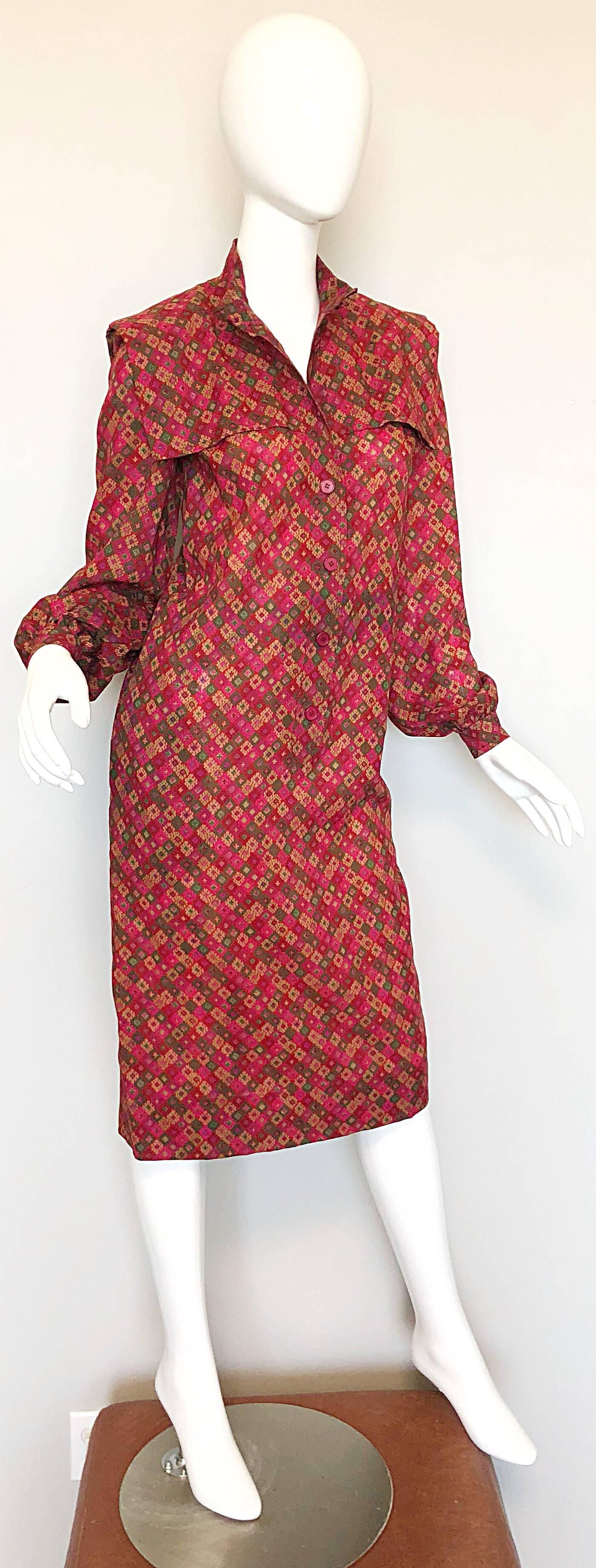 Vintage Givenchy 1980s Mosaic Tile Print Pink + Green Lightweight Wool Sac Dress For Sale 1