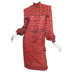 Vintage Givenchy 1980s Mosaic Tile Print Pink + Green Lightweight Wool Sac Dress