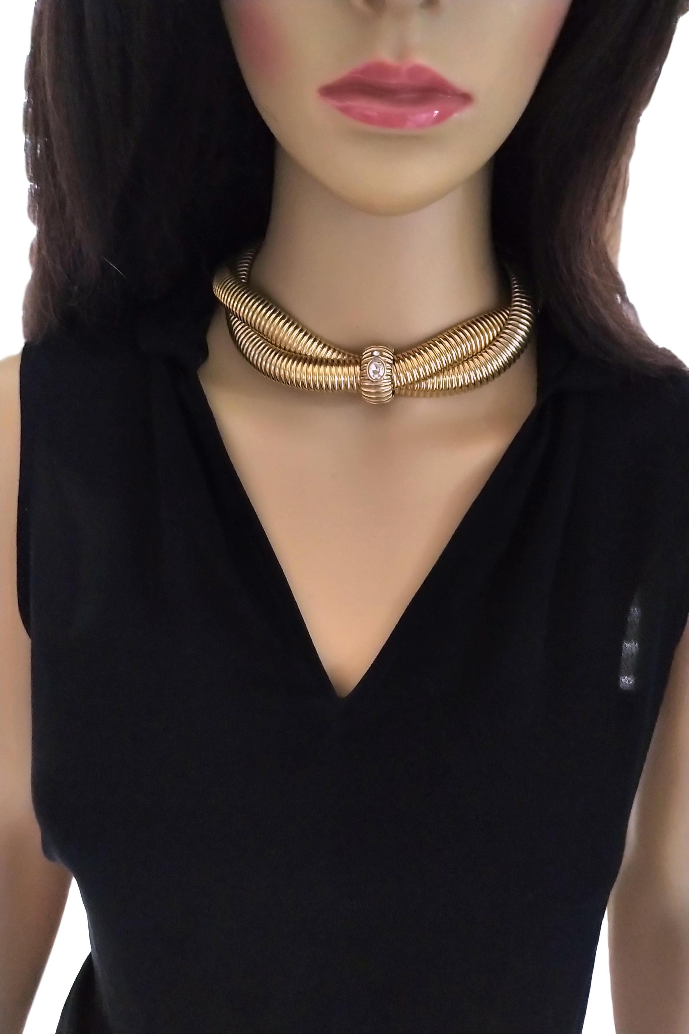 Vintage Givenchy 1980's Signed Gold Plated Crystal Strass Snake Choker Necklace For Sale 1