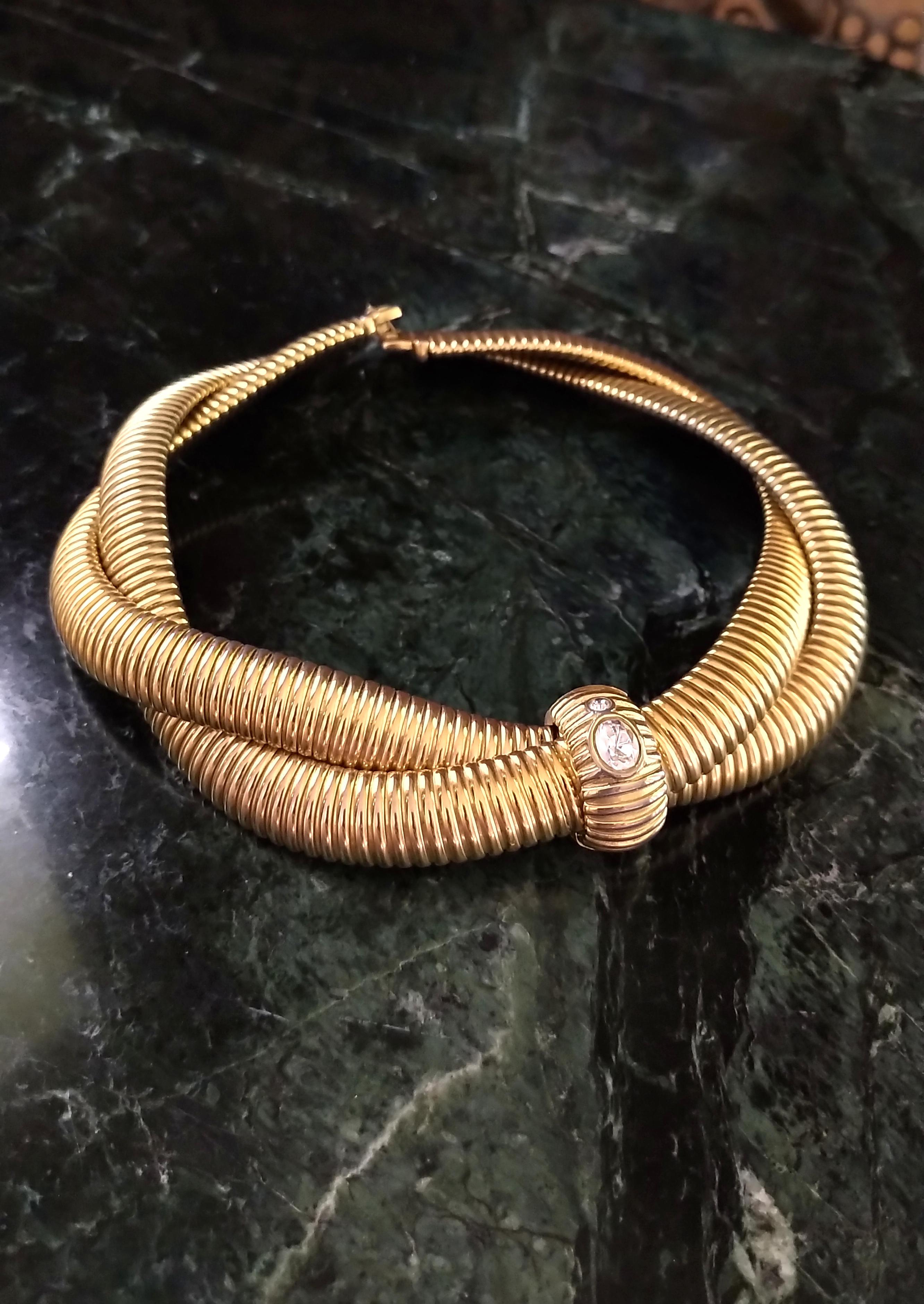 Brilliant Cut Vintage Givenchy 1980's Signed Gold Plated Crystal Strass Snake Choker Necklace For Sale