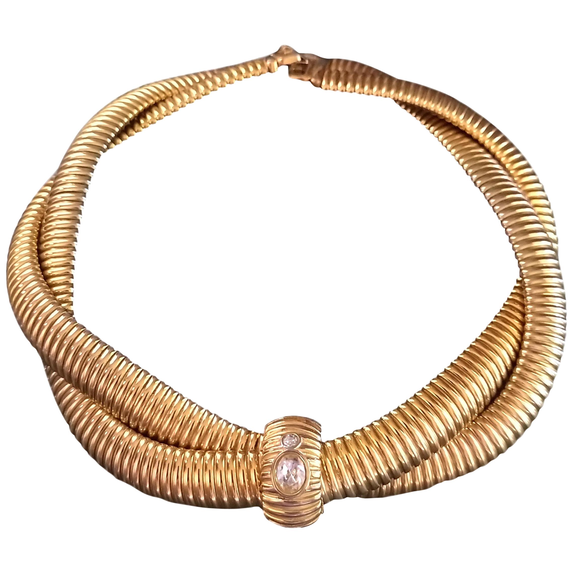 Vintage Givenchy 1980's Signed Gold Plated Crystal Strass Snake Choker Necklace For Sale
