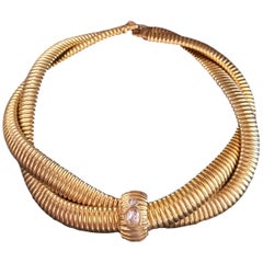 Retro Givenchy 1980's Signed Gold Plated Crystal Strass Snake Choker Necklace