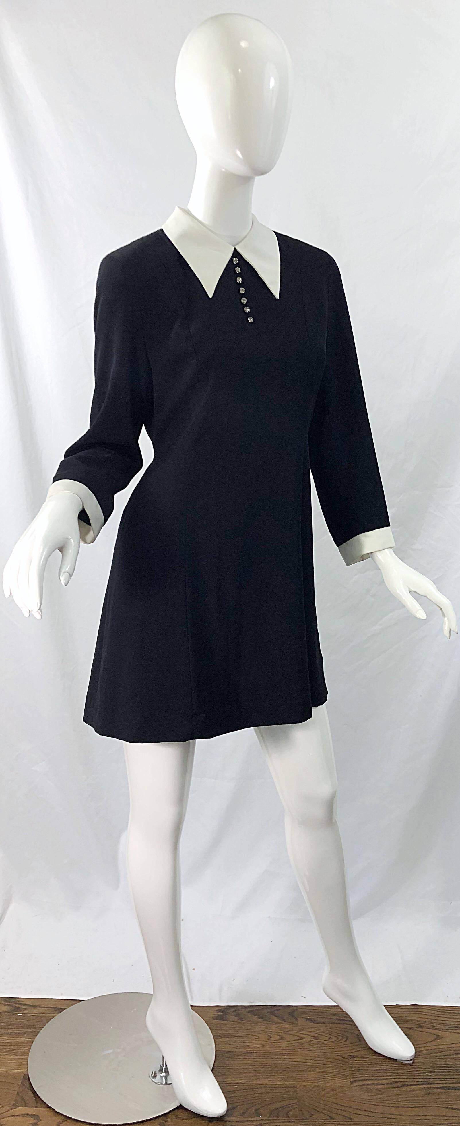 Vintage Givenchy 1990s Black and White Rhinestone Long Sleeve 90s Mini Dress For Sale 3