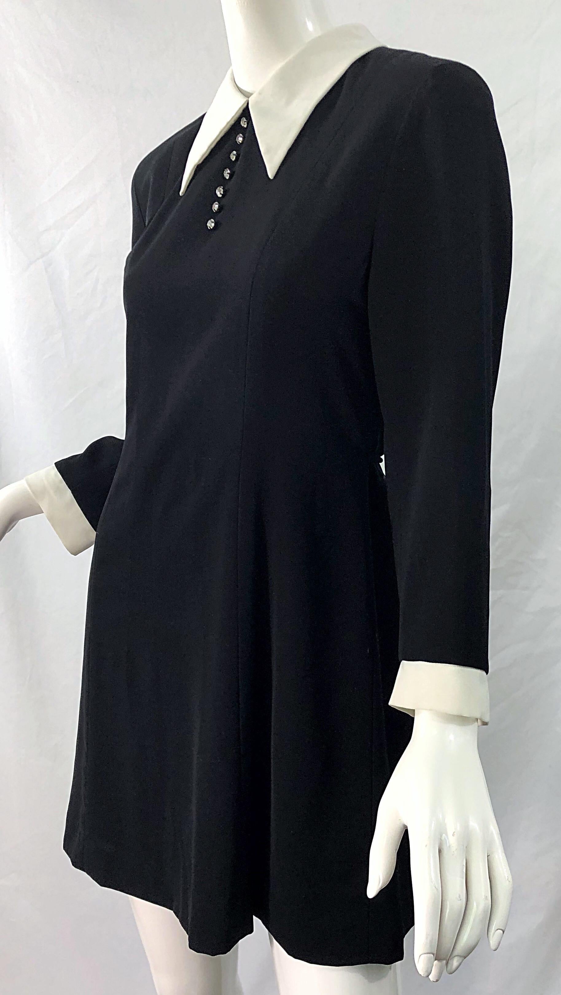 Vintage Givenchy 1990s Black and White Rhinestone Long Sleeve 90s Mini Dress For Sale 5