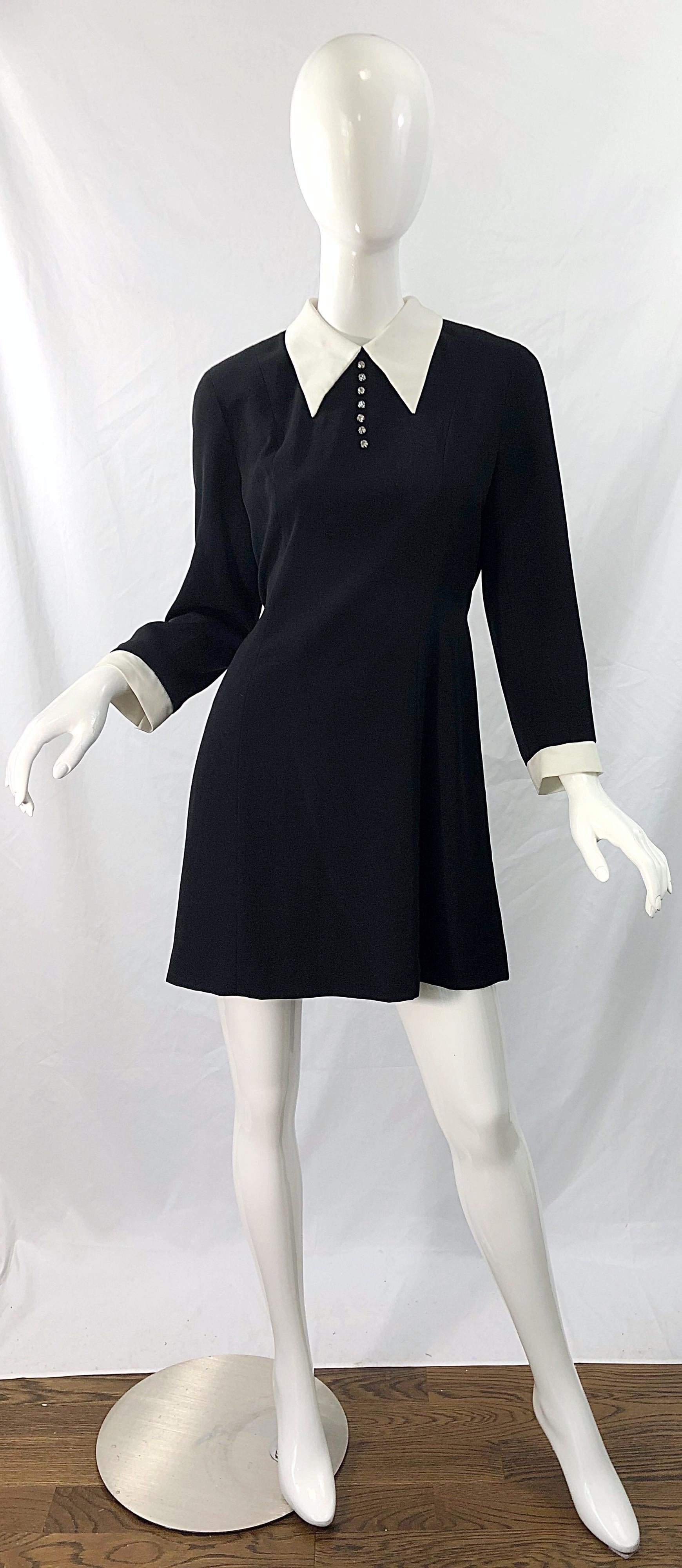 Vintage Givenchy 1990s Black and White Rhinestone Long Sleeve 90s Mini Dress For Sale 7