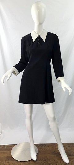 Vintage Givenchy 1990s Black and White Rhinestone Long Sleeve 90s Mini Dress