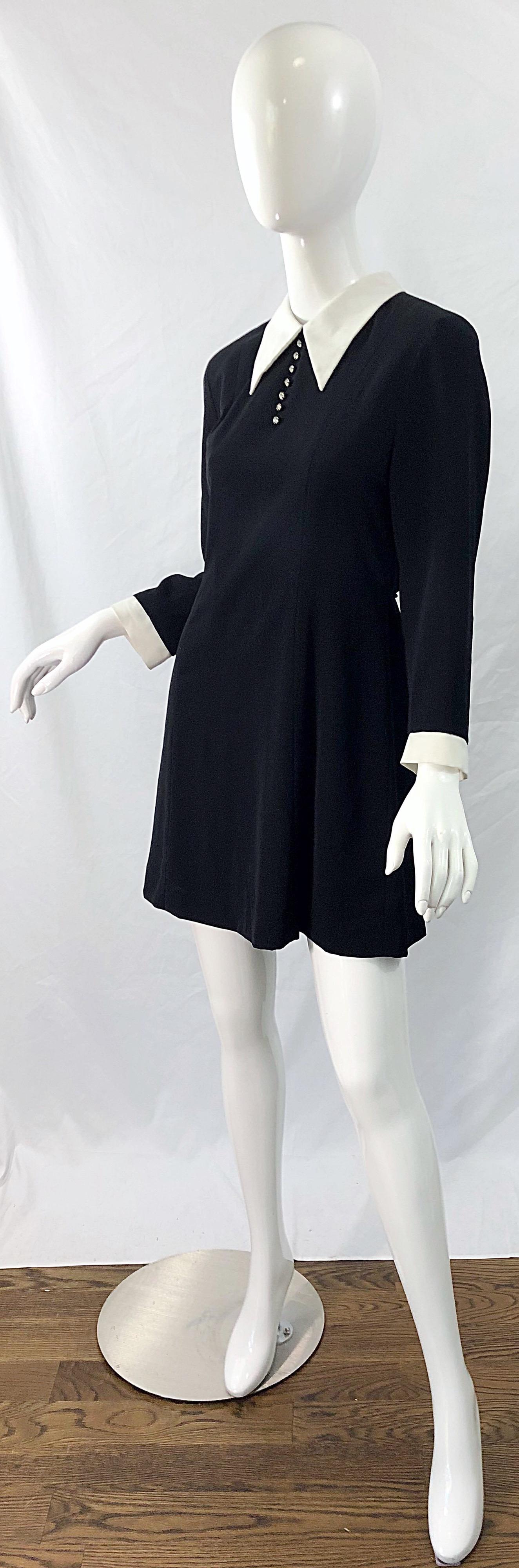Vintage Givenchy 1990s Black and White Rhinestone Long Sleeve 90s Mini Dress In Excellent Condition For Sale In San Diego, CA