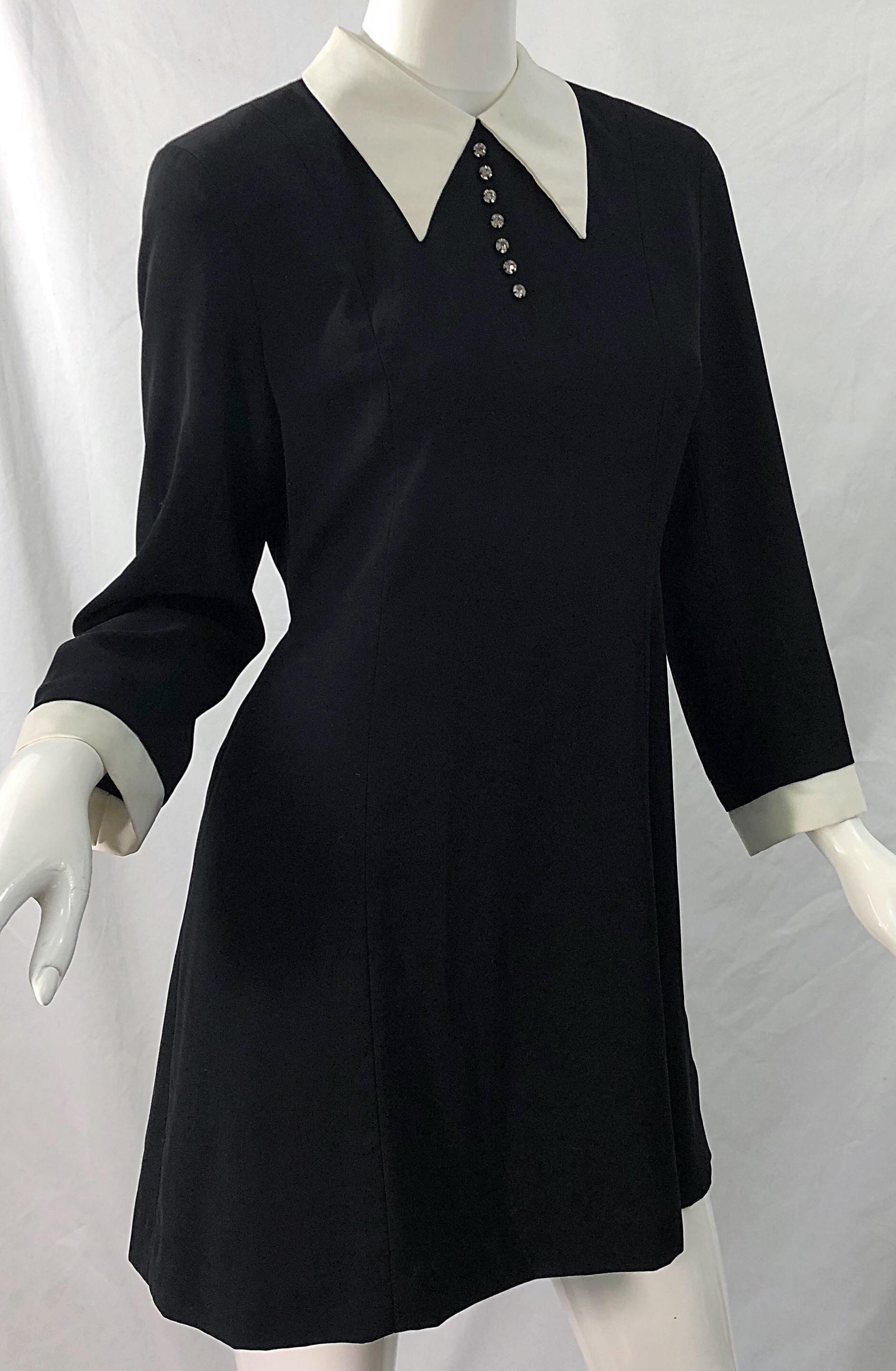 Women's Vintage Givenchy 1990s Black and White Rhinestone Long Sleeve 90s Mini Dress For Sale