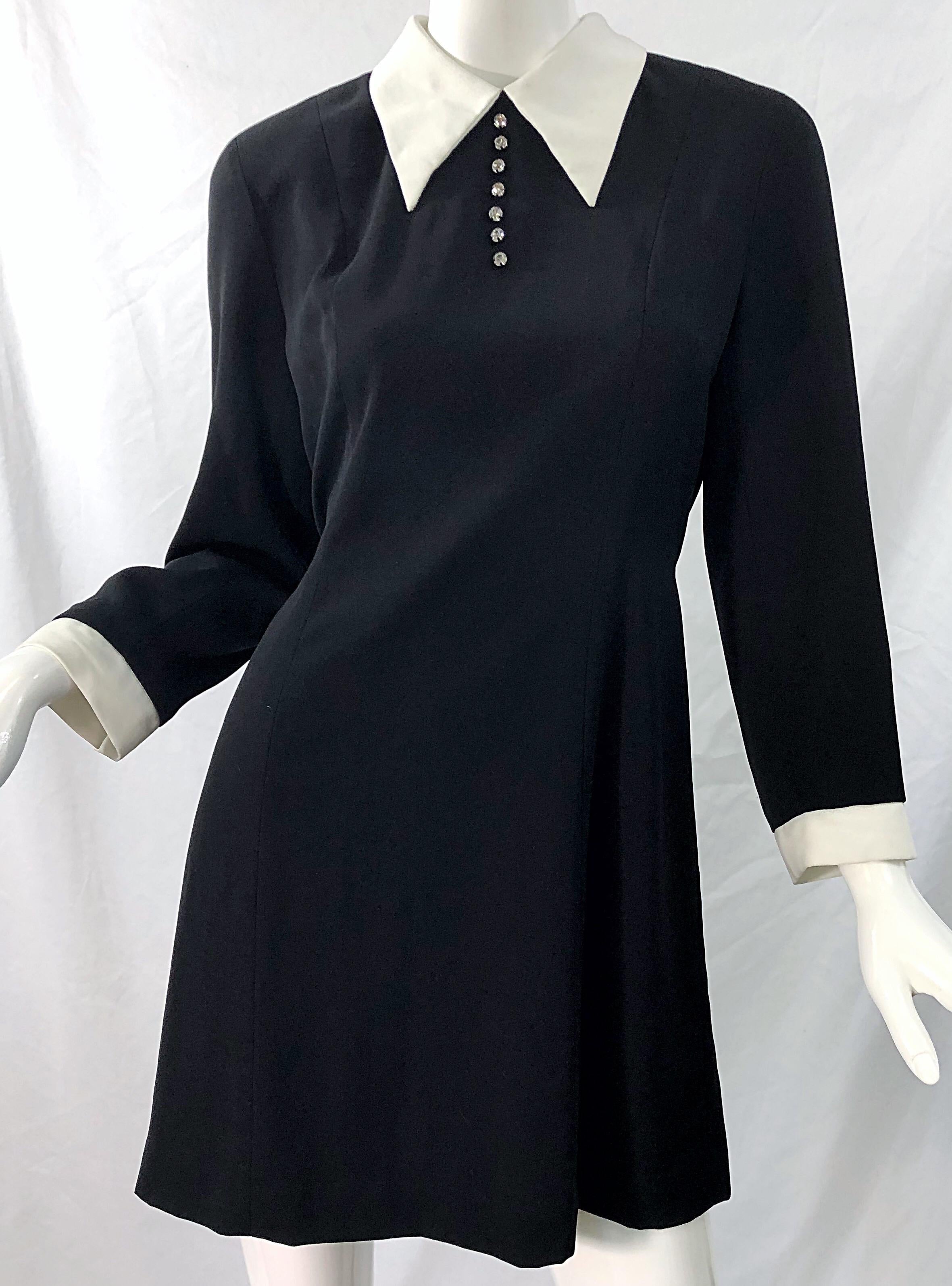 Vintage Givenchy 1990s Black and White Rhinestone Long Sleeve 90s Mini Dress For Sale 2