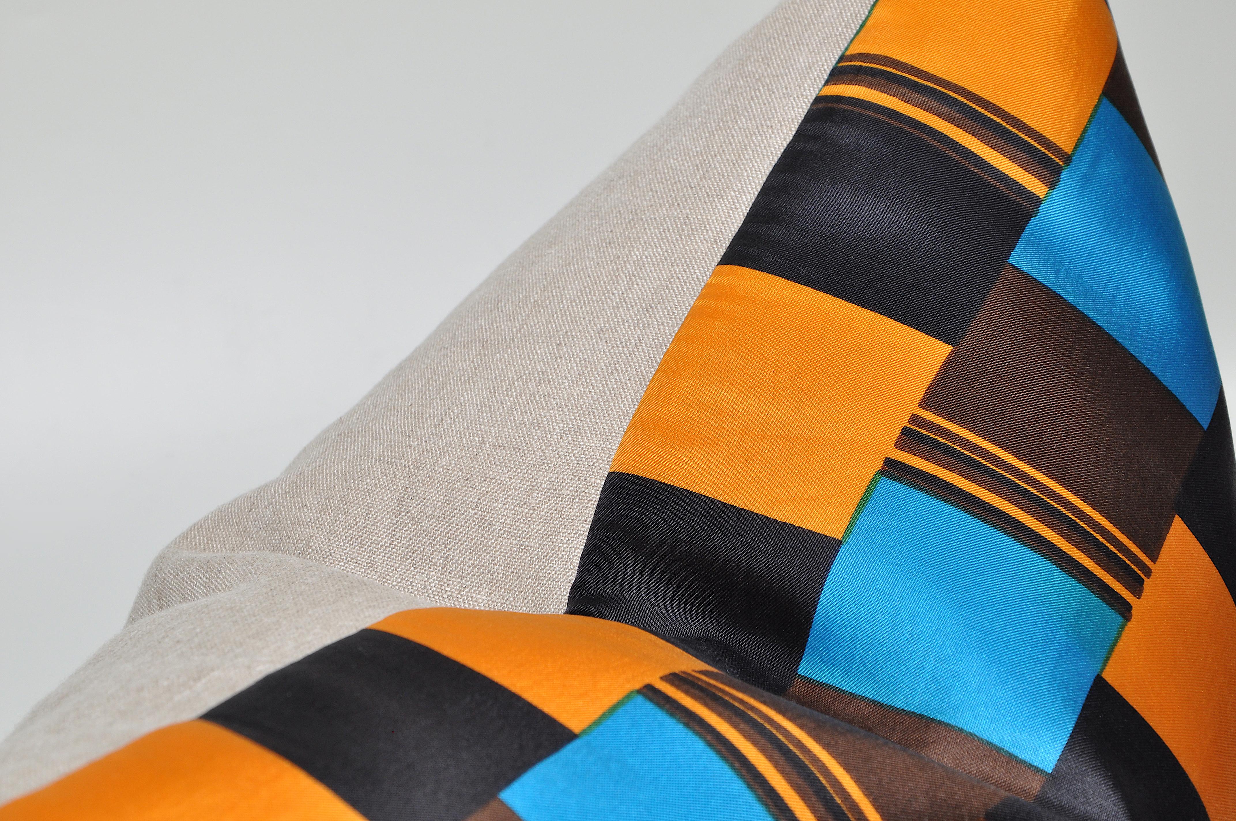 European Vintage Givenchy Blue and Orange Silk Fabric with Irish Linen Cushion Pillow