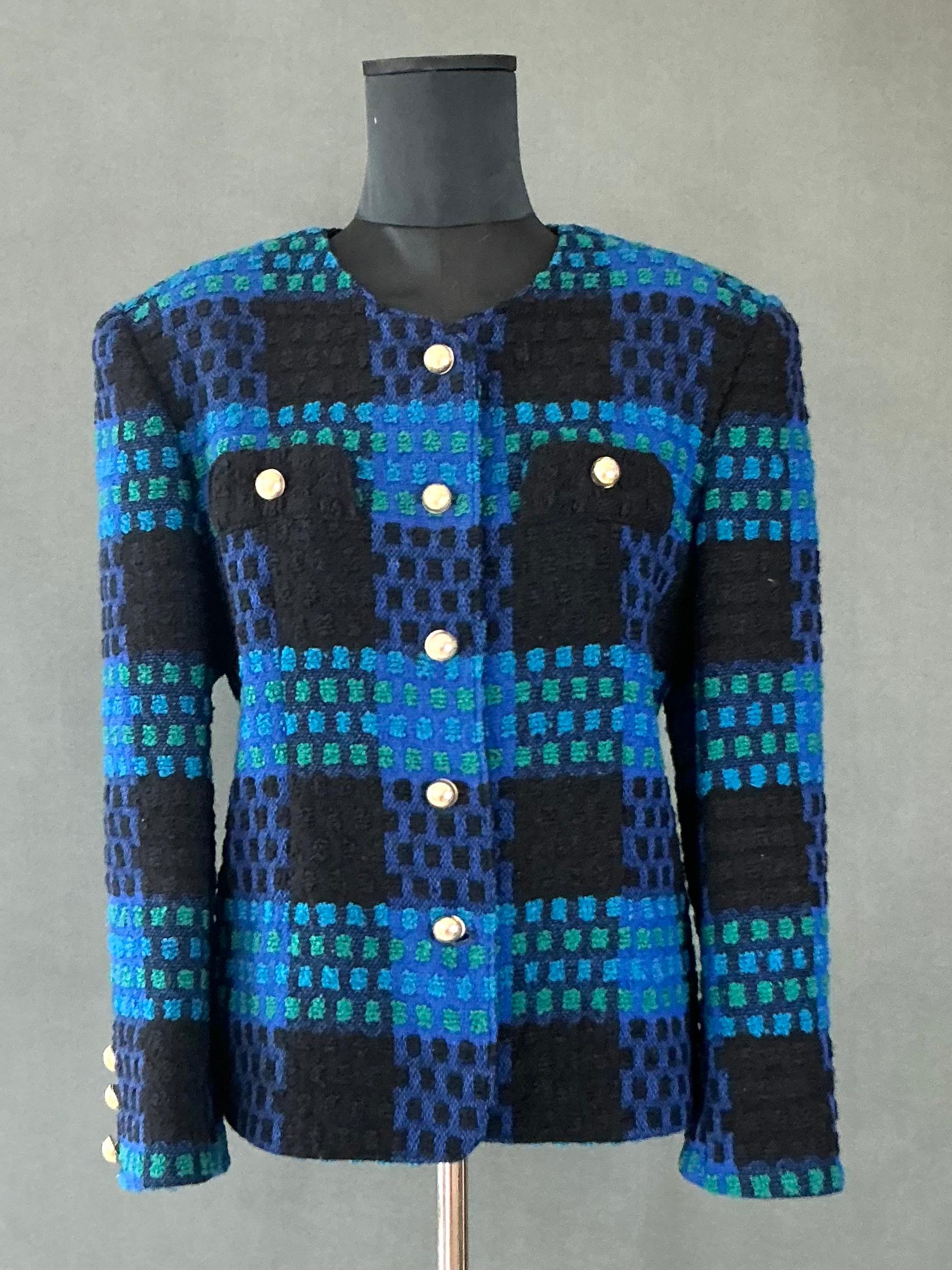 Vintage Givenchy Blue & Black Tweed Blazer In Good Condition For Sale In Lake Worth Beach, FL