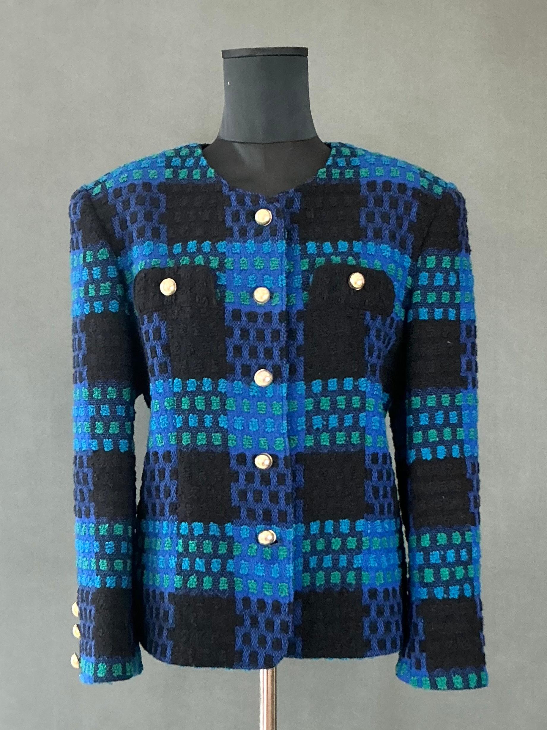 Women's or Men's Vintage Givenchy Blue & Black Tweed Blazer For Sale