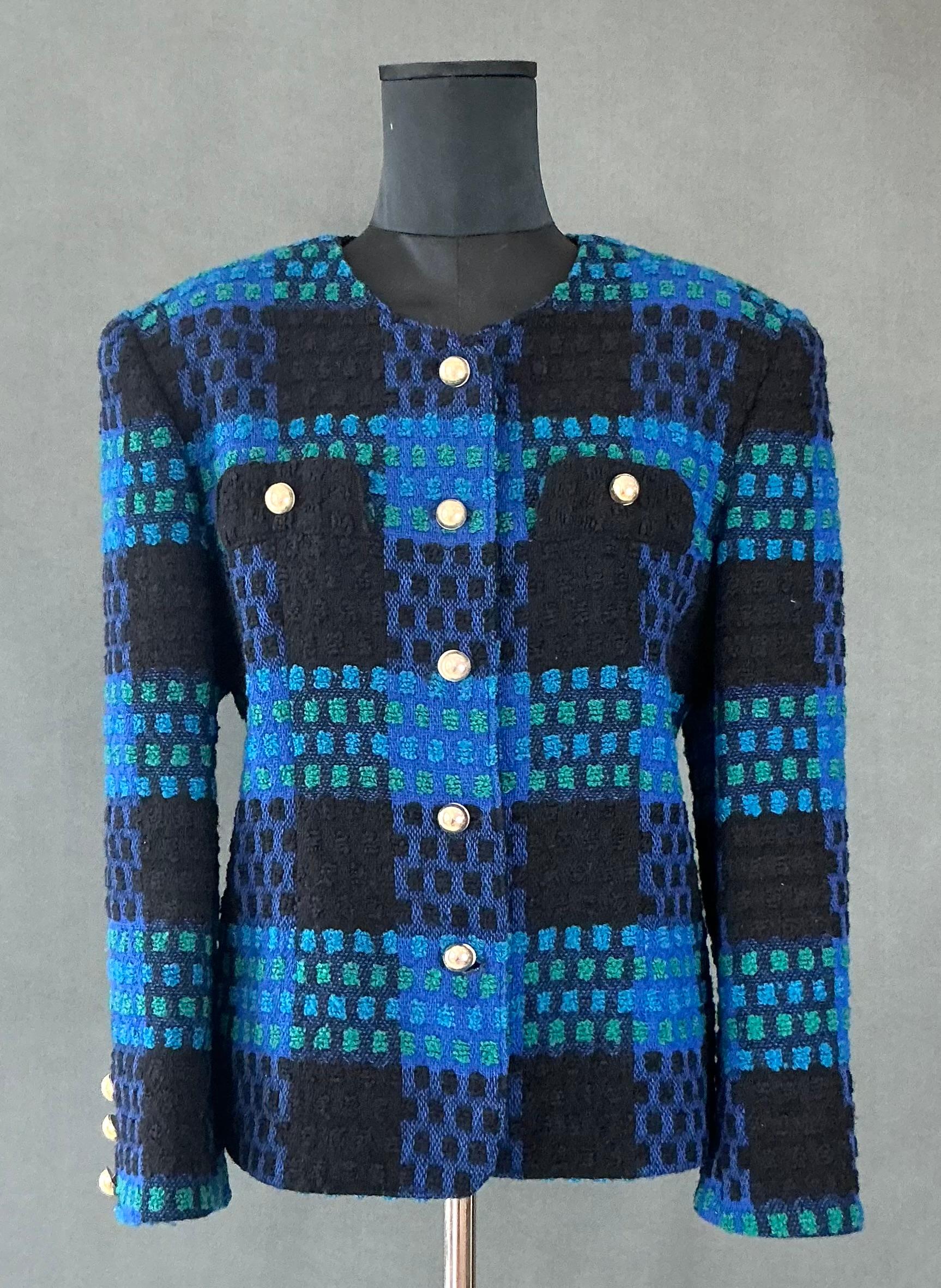 Vintage Givenchy Blue & Black Tweed Blazer For Sale 1