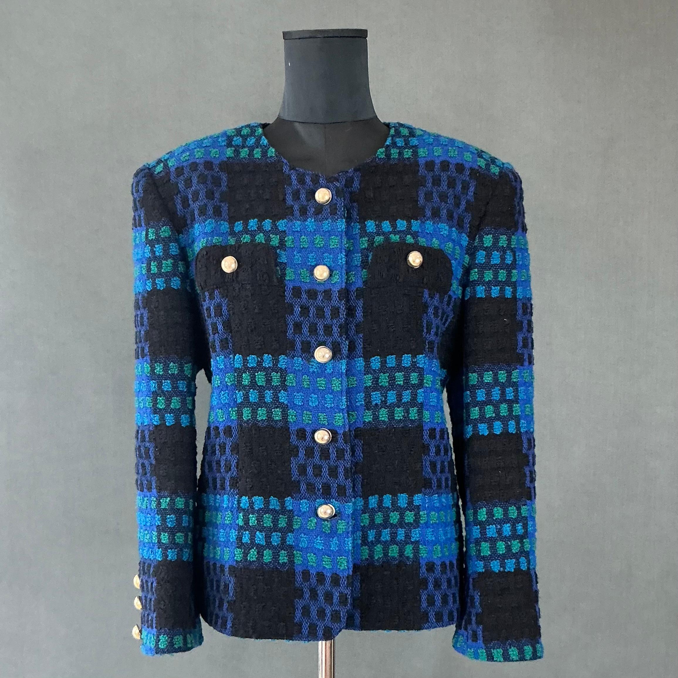 Vintage Givenchy Blue & Black Tweed Blazer For Sale 2