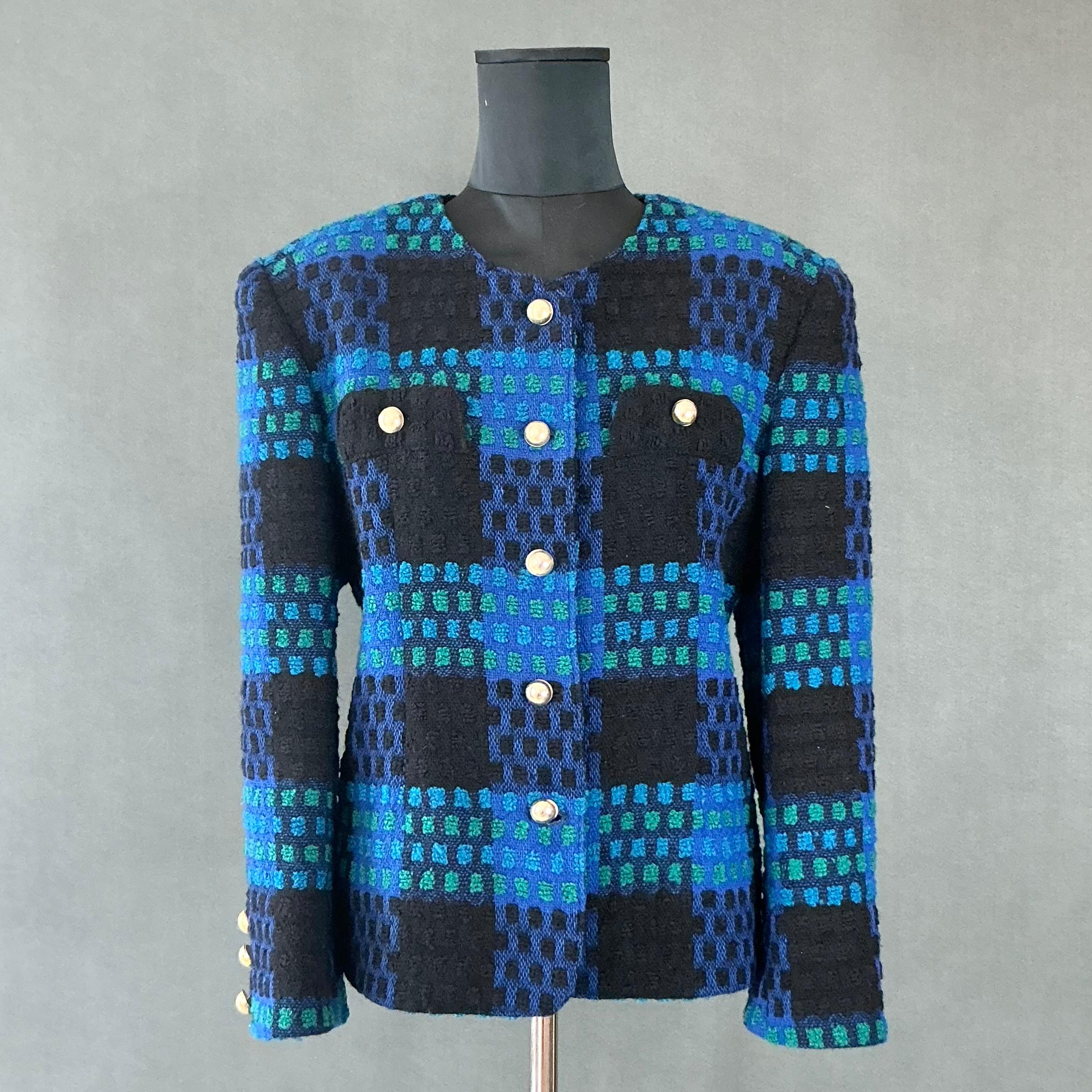 Vintage Givenchy Blue & Black Tweed Blazer For Sale 3