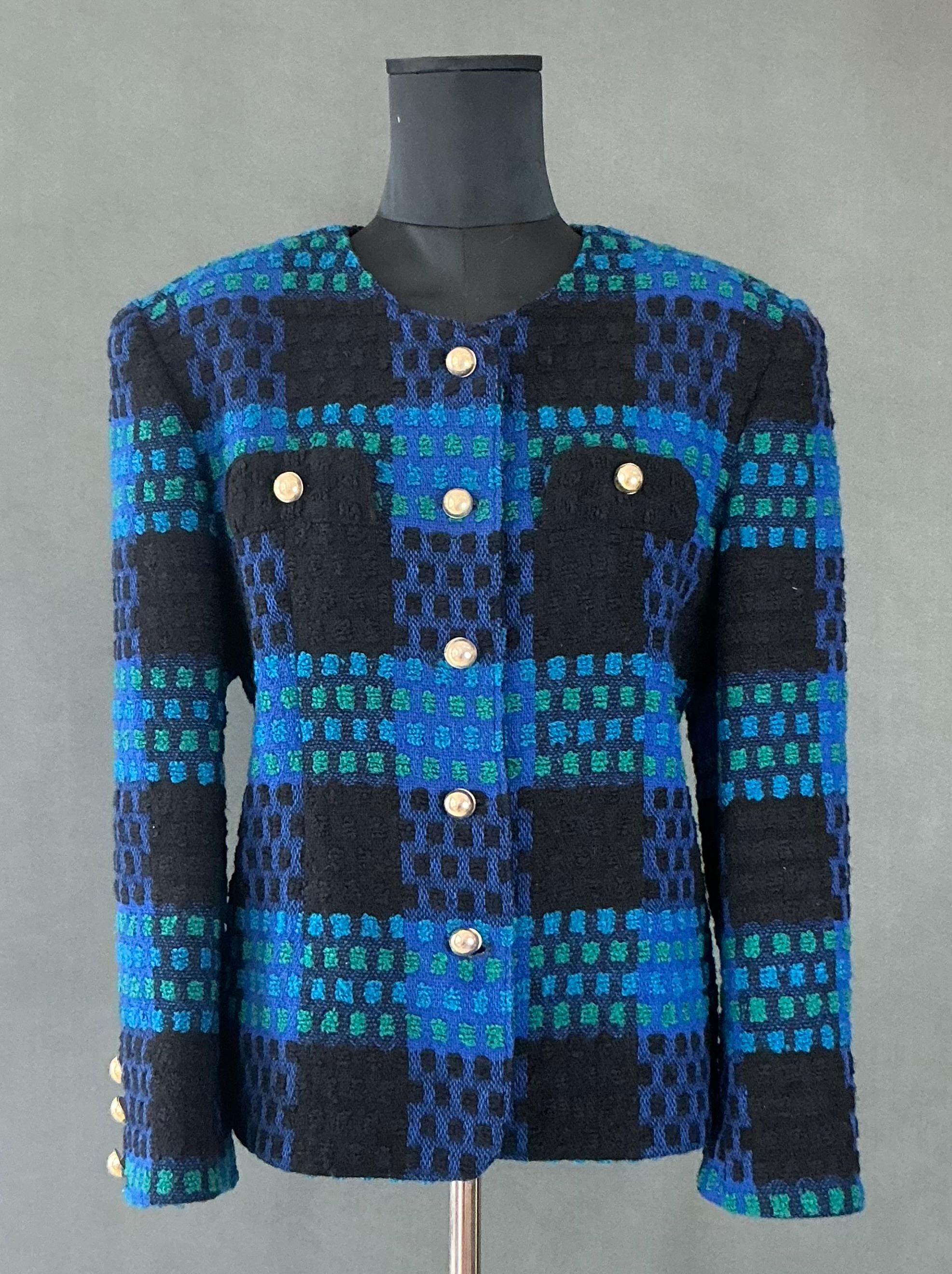 Vintage Givenchy Blue & Black Tweed Blazer For Sale 4