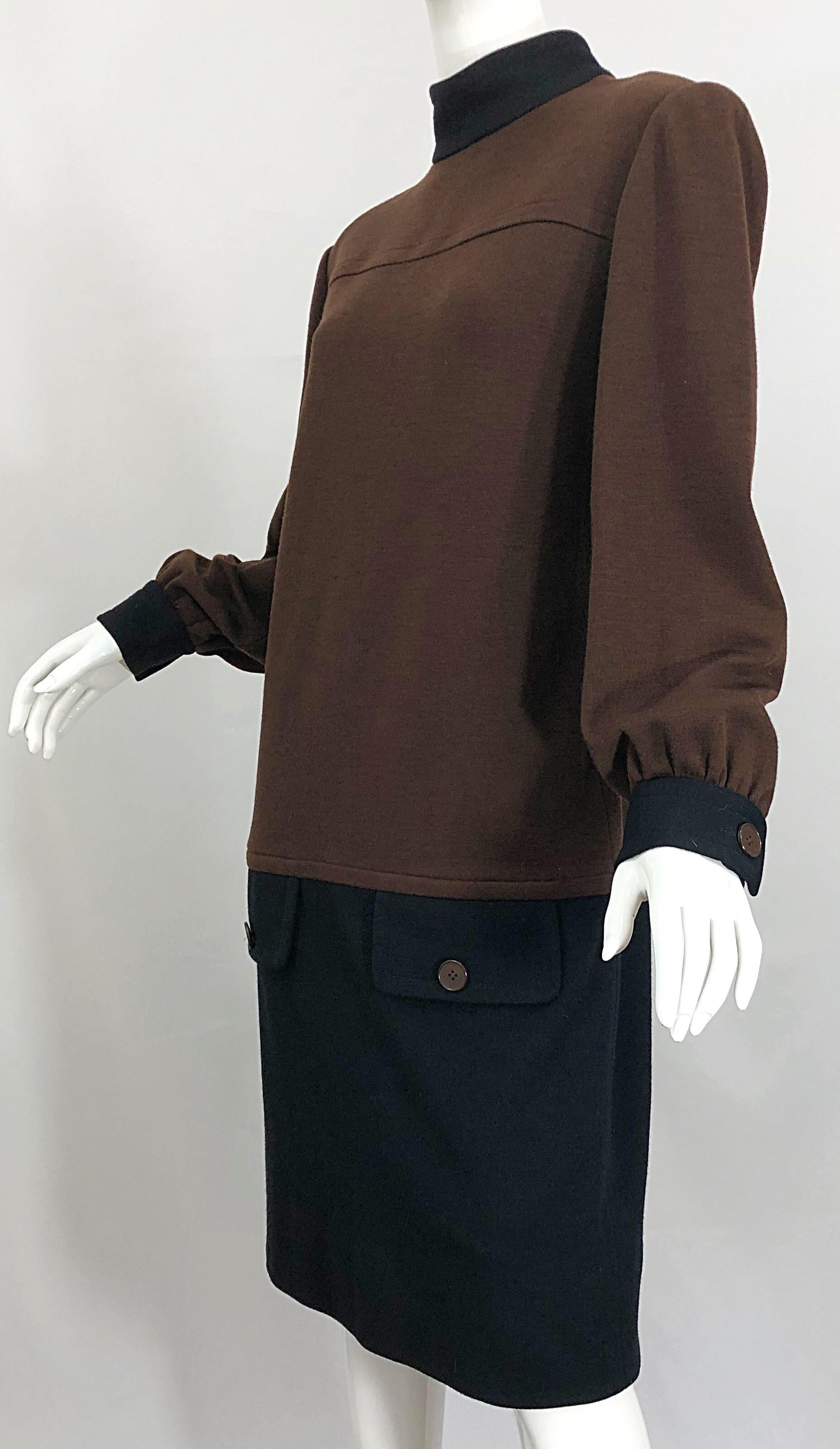 Vintage 80s Givenchy Brown and Black Virgin Wool Long Sleeve Mock Neck Sac Dress For Sale 3