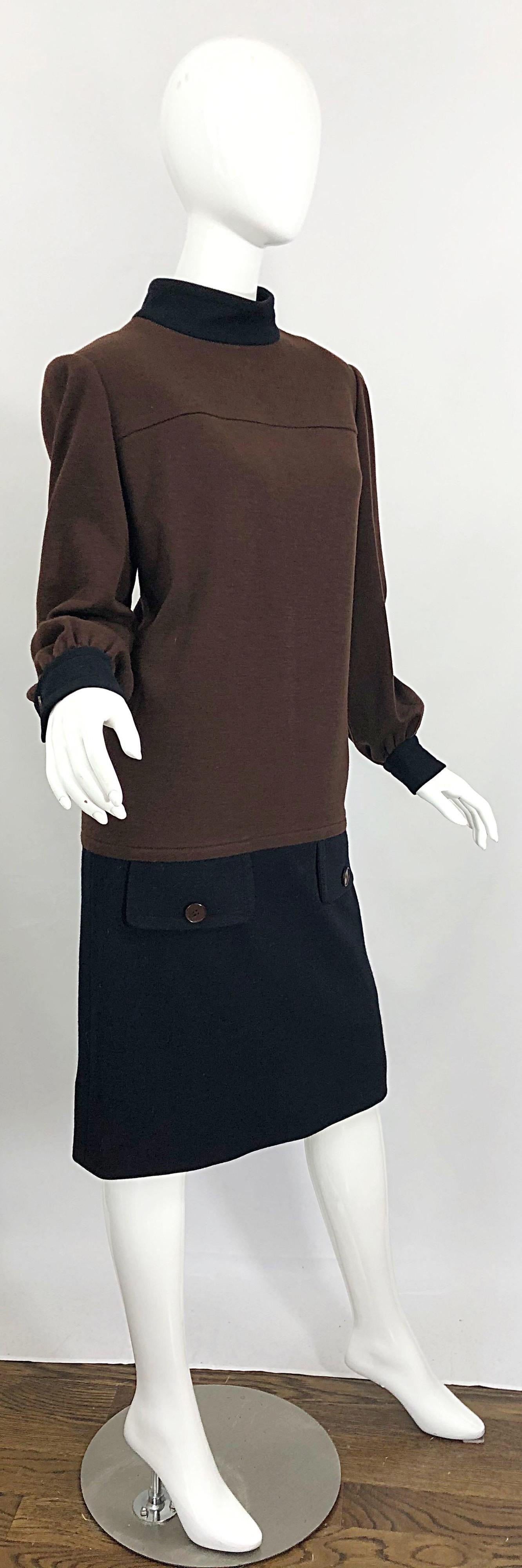 Vintage 80s Givenchy Brown and Black Virgin Wool Long Sleeve Mock Neck Sac Dress For Sale 5
