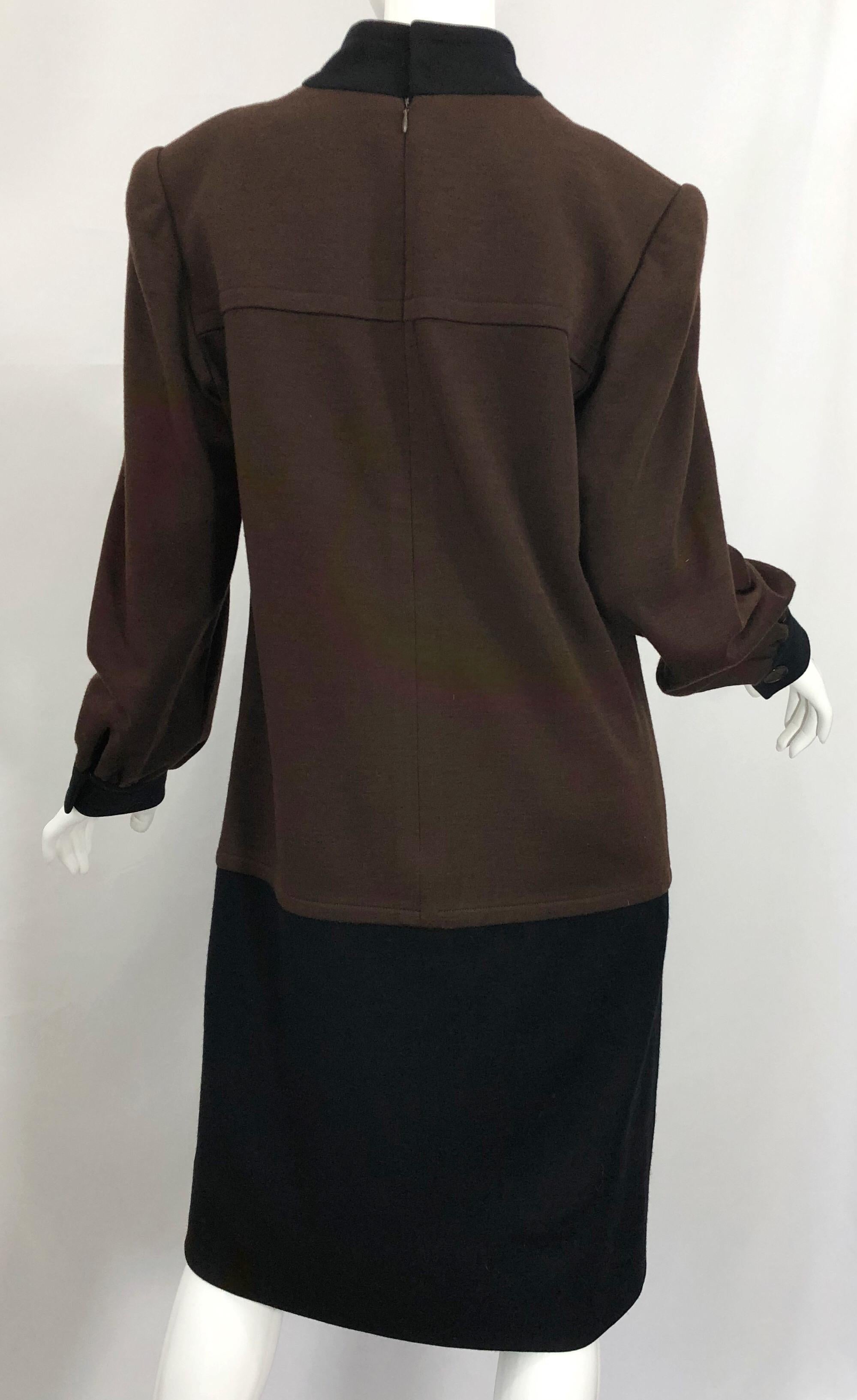 Vintage 80s Givenchy Brown and Black Virgin Wool Long Sleeve Mock Neck Sac Dress For Sale 6