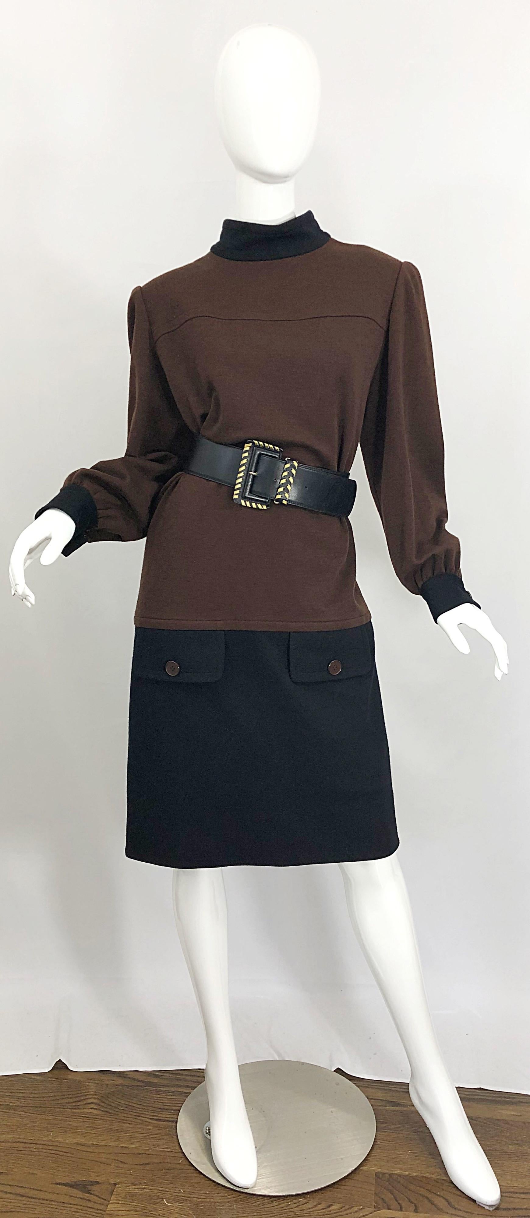 Vintage 80s Givenchy Brown and Black Virgin Wool Long Sleeve Mock Neck Sac Dress For Sale 7