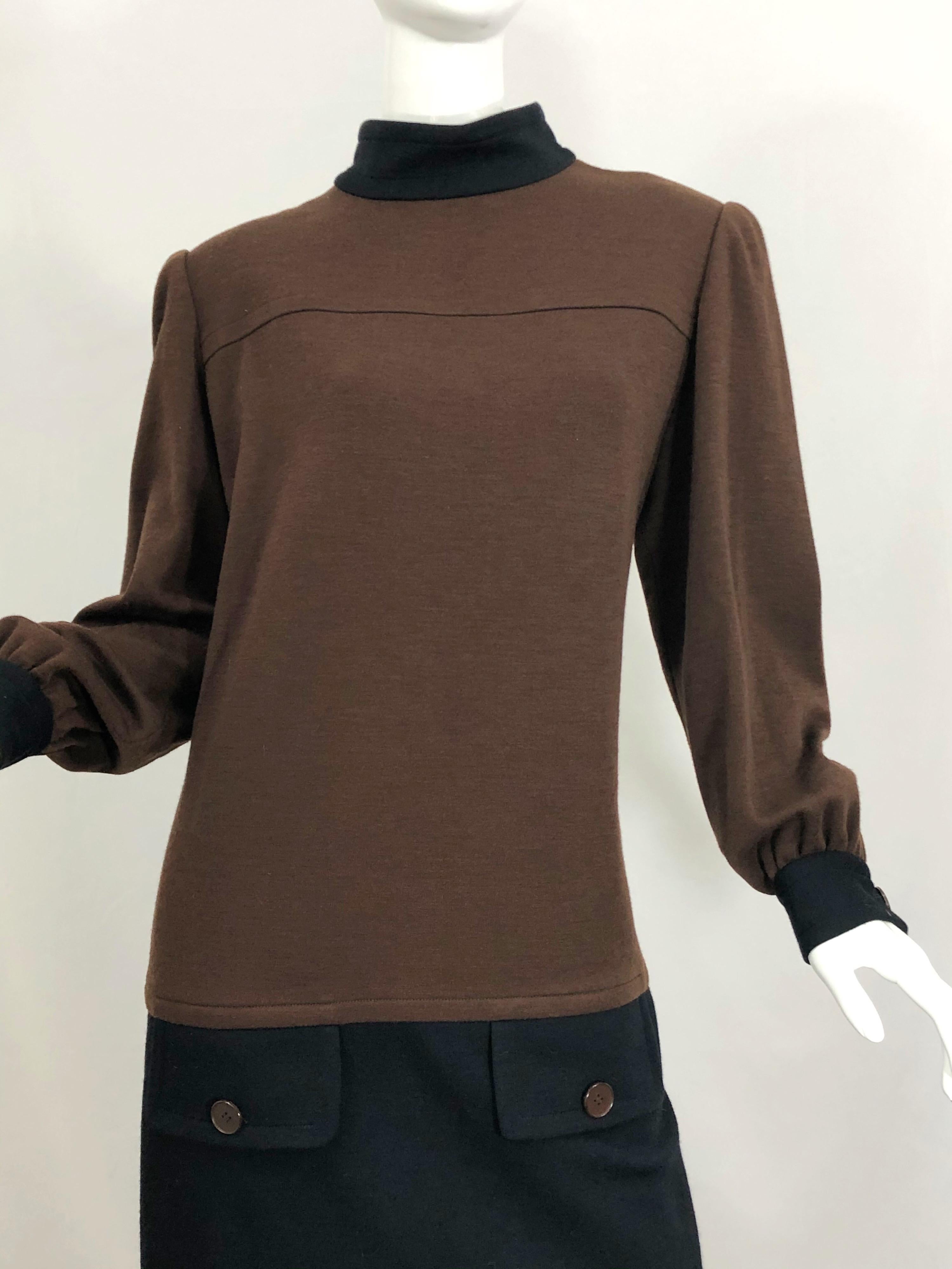 Vintage 80s Givenchy Brown and Black Virgin Wool Long Sleeve Mock Neck Sac Dress In Excellent Condition For Sale In San Diego, CA
