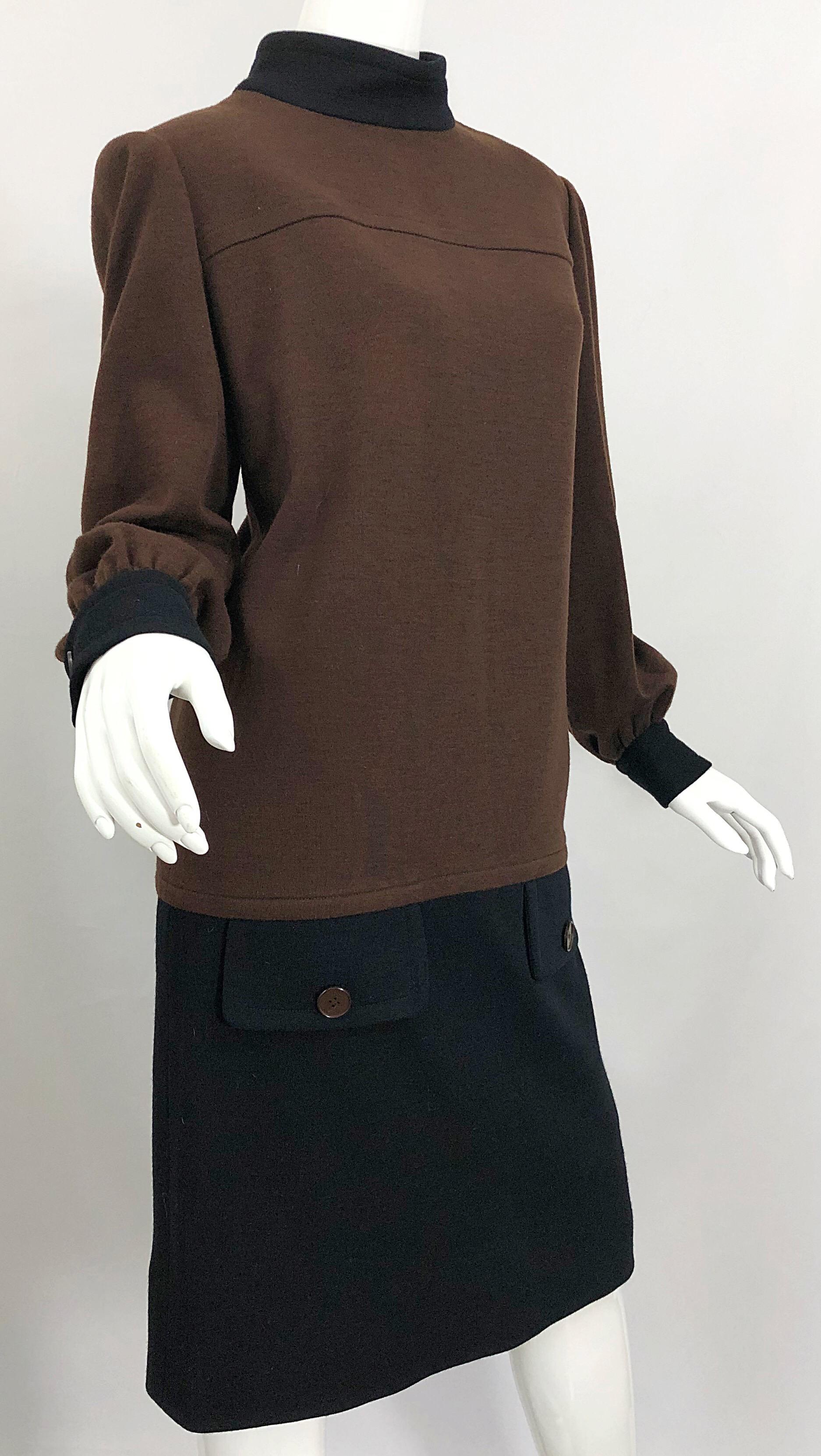 Women's Vintage 80s Givenchy Brown and Black Virgin Wool Long Sleeve Mock Neck Sac Dress For Sale