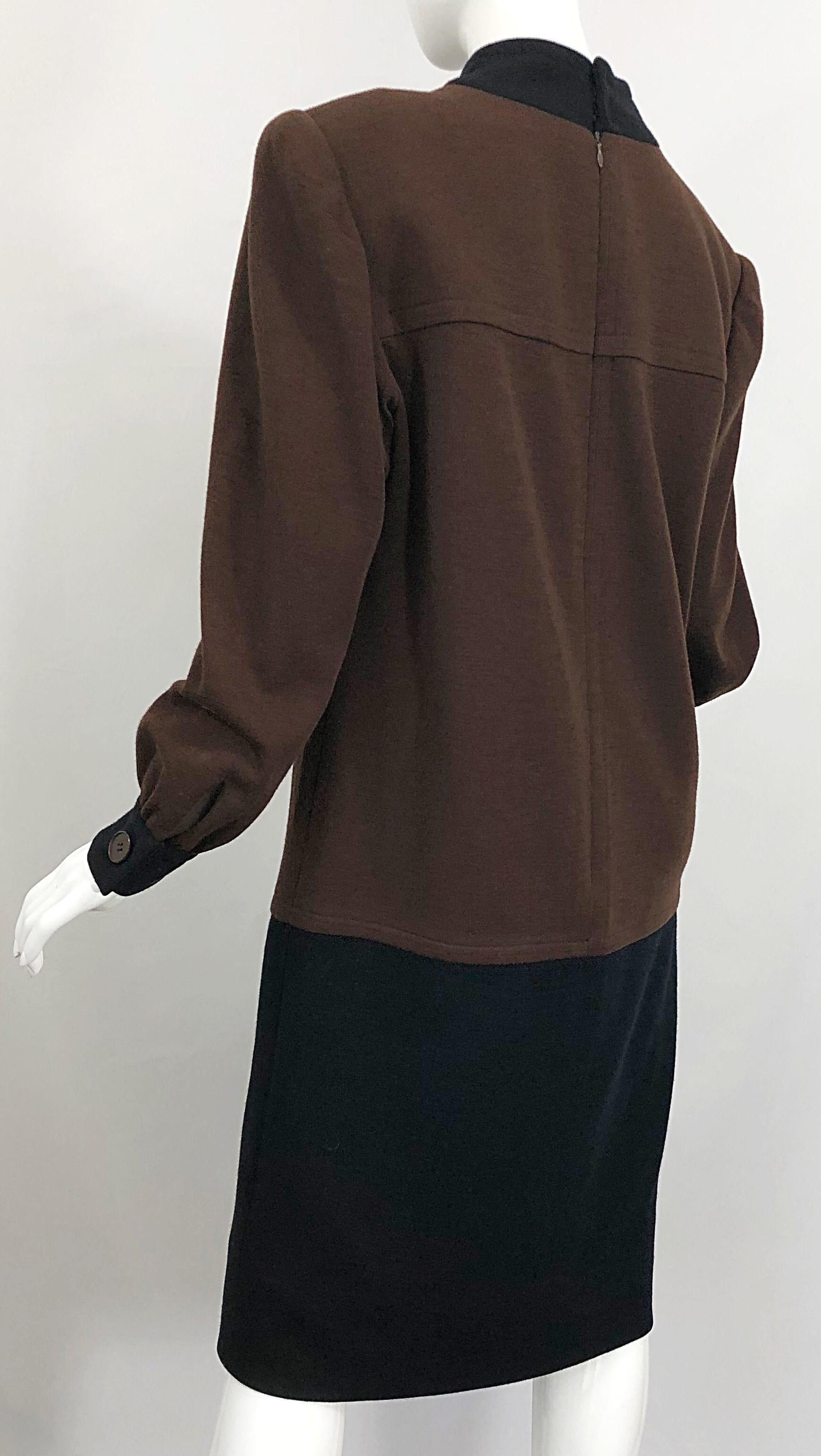 Vintage 80s Givenchy Brown and Black Virgin Wool Long Sleeve Mock Neck Sac Dress For Sale 1