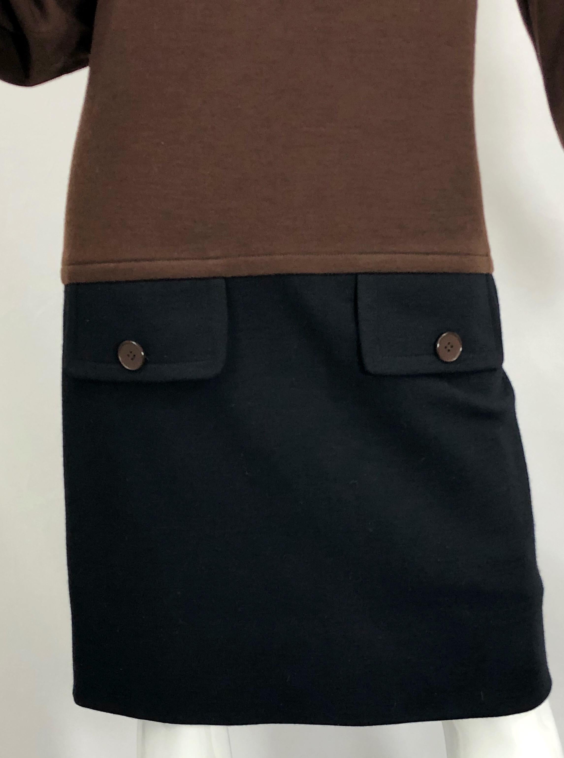 Vintage 80s Givenchy Brown and Black Virgin Wool Long Sleeve Mock Neck Sac Dress For Sale 2