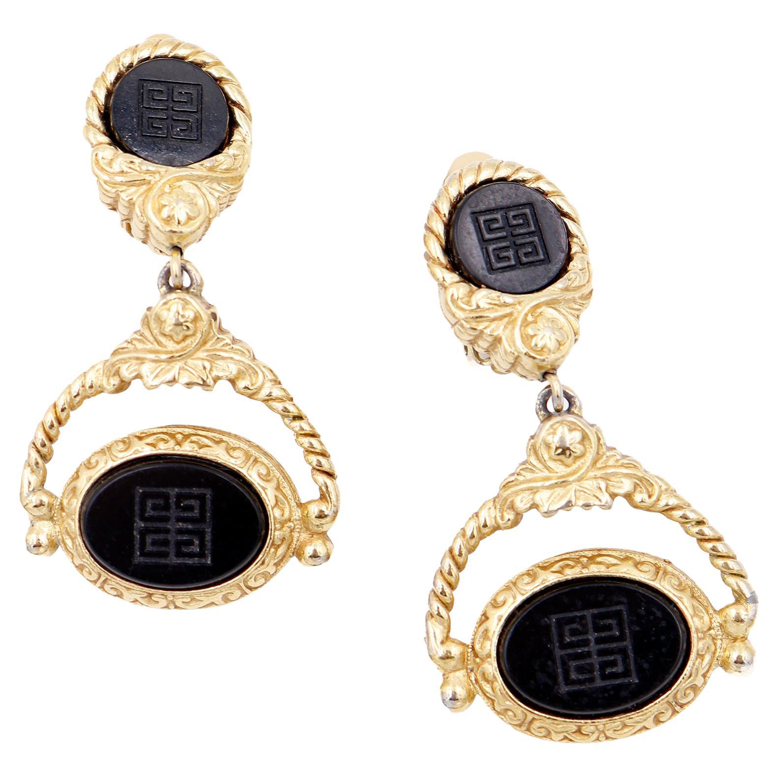 Vintage Givenchy Carved Black Logo Gold Drop Earrings For Sale