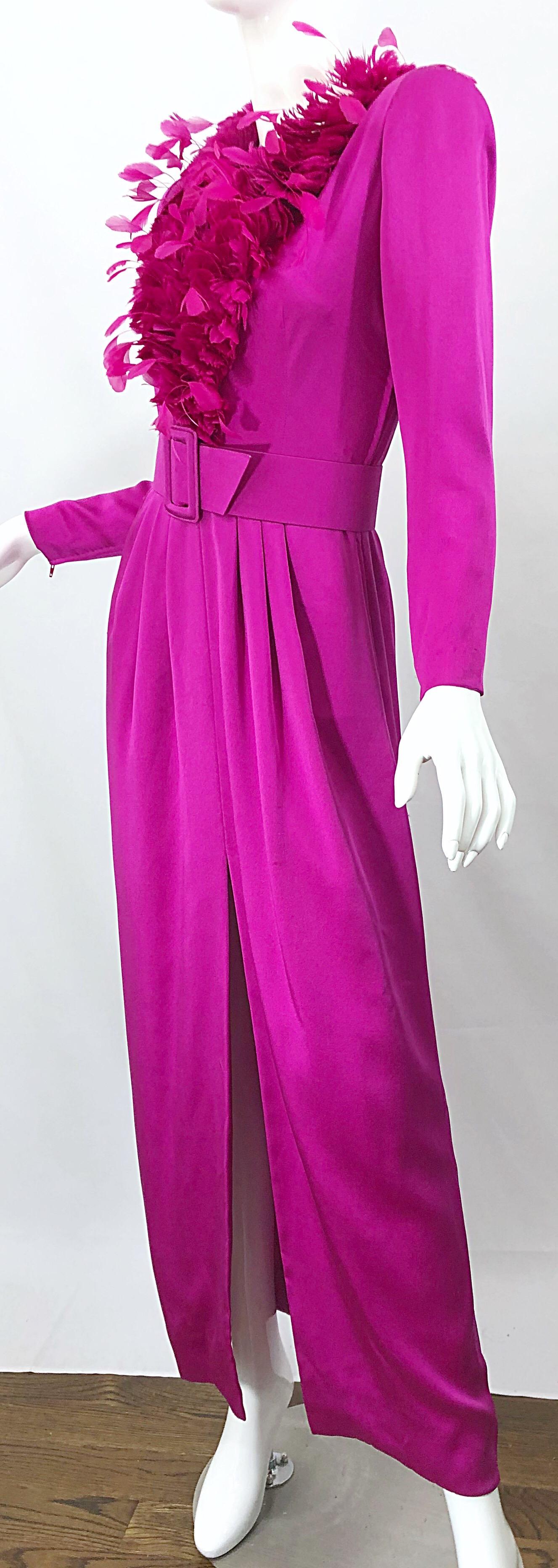 Vintage Givenchy Couture Hot Pink Fuchsia 1980s Feathers Belted Long Sleeve Gown For Sale 3