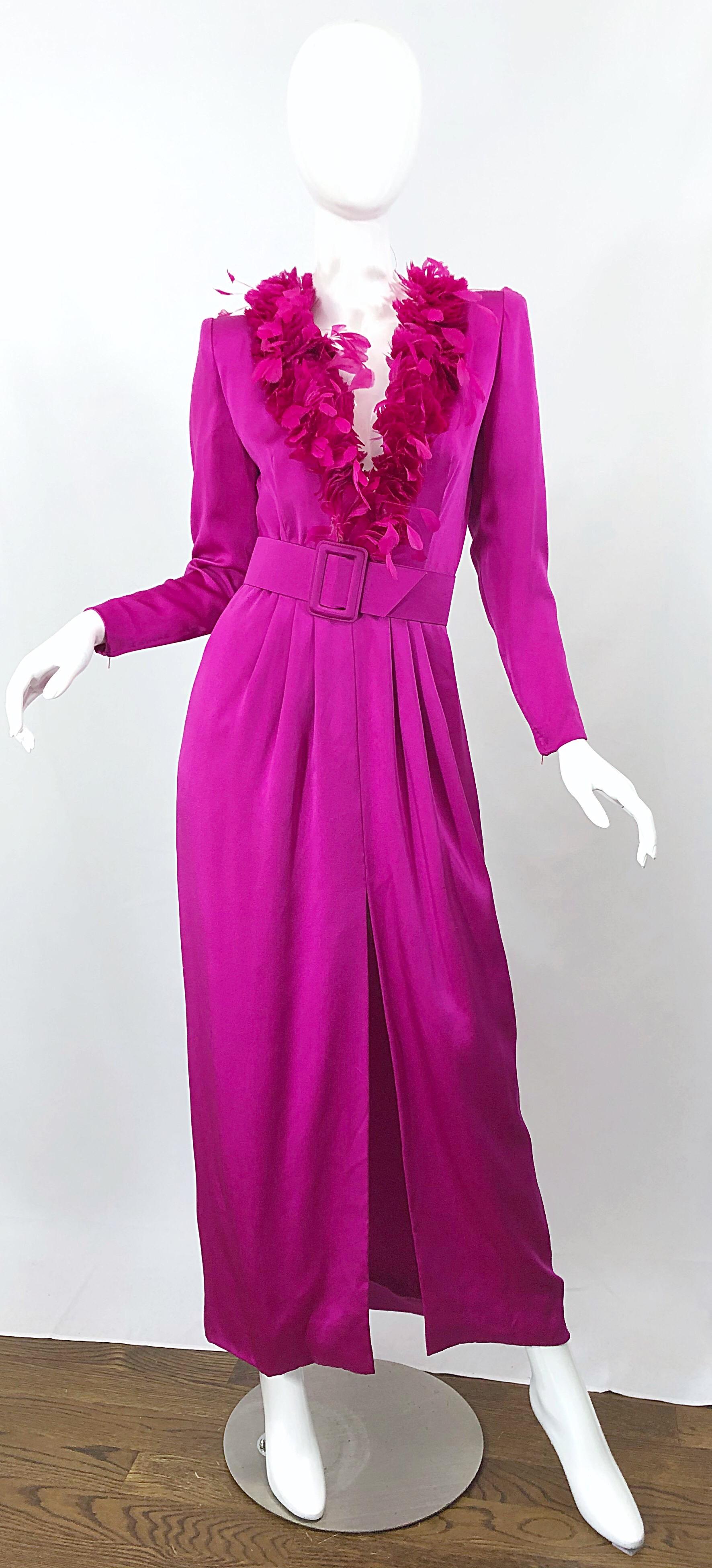 Vintage Givenchy Couture Hot Pink Fuchsia 1980s Feathers Belted Long Sleeve Gown For Sale 4