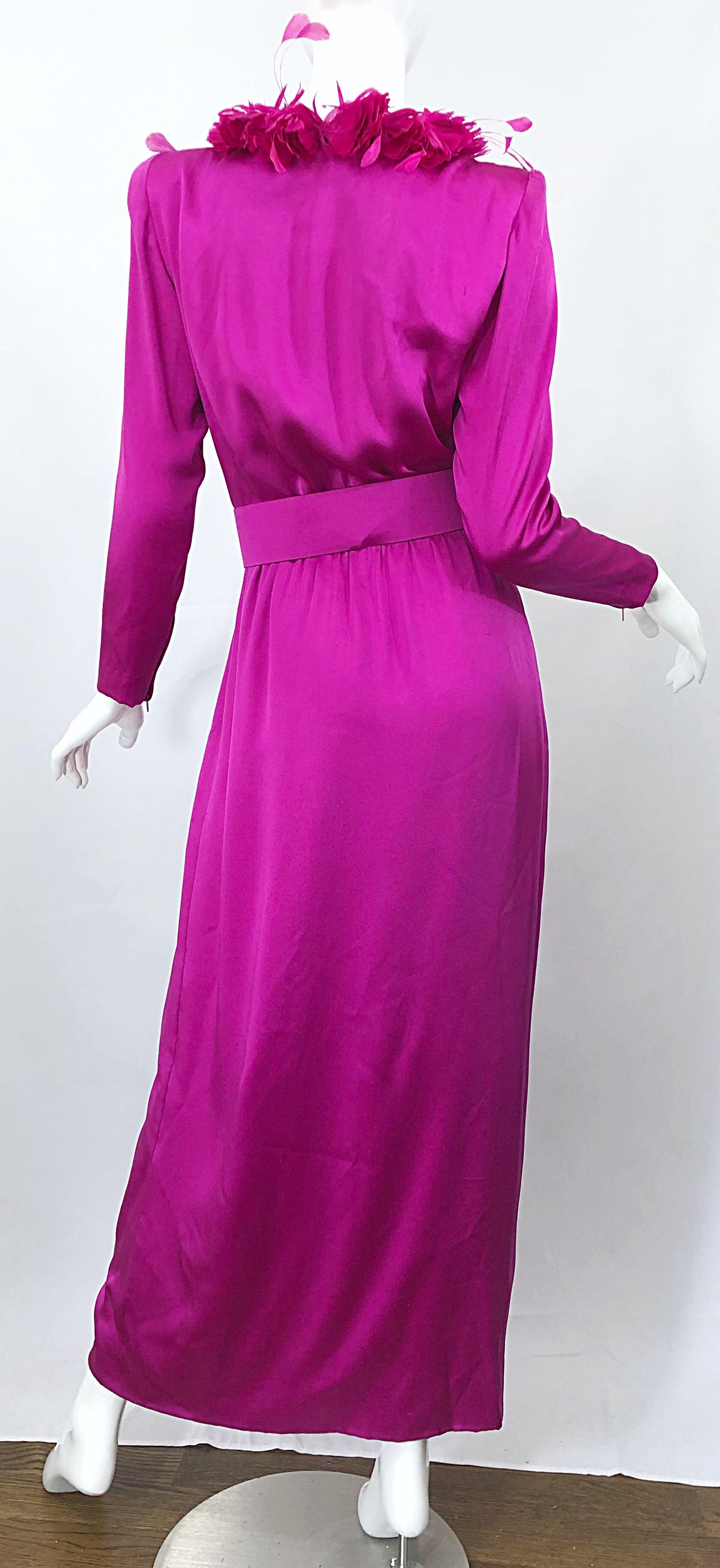 Vintage Givenchy Couture Hot Pink Fuchsia 1980s Feathers Belted Long Sleeve Gown For Sale 5