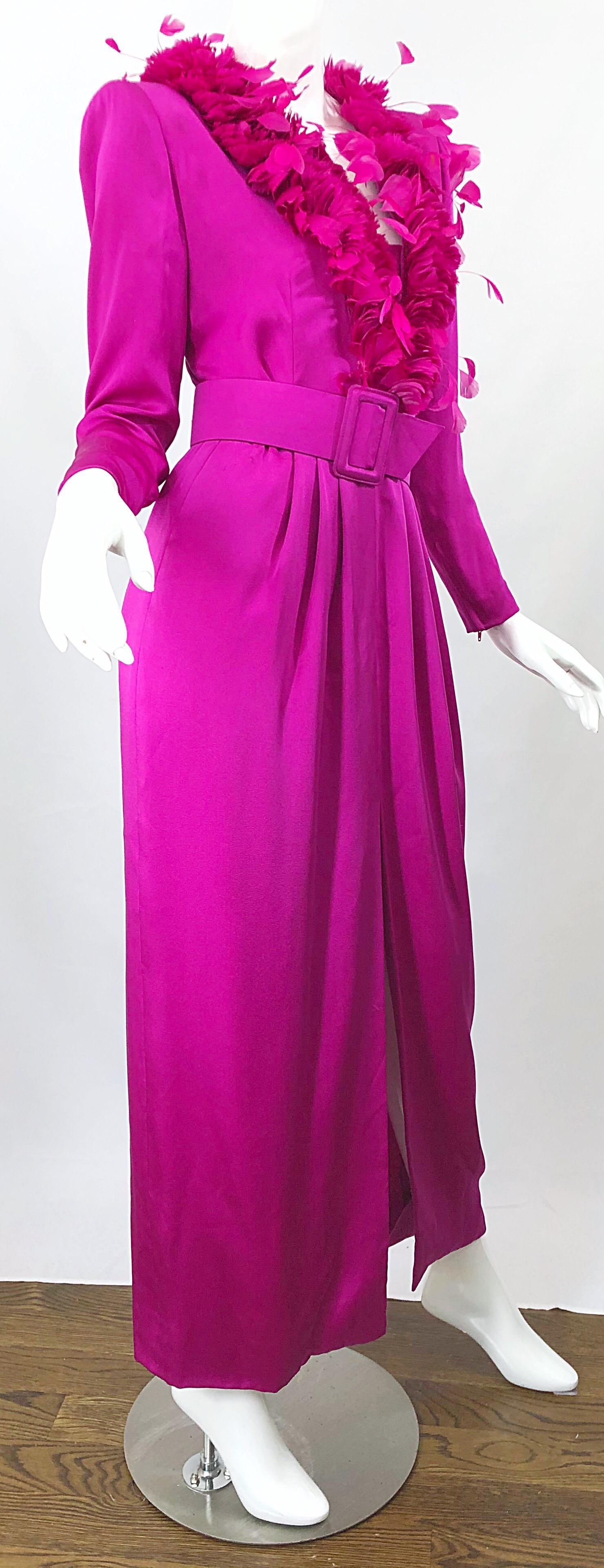 Vintage Givenchy Couture Hot Pink Fuchsia 1980s Feathers Belted Long Sleeve Gown For Sale 6