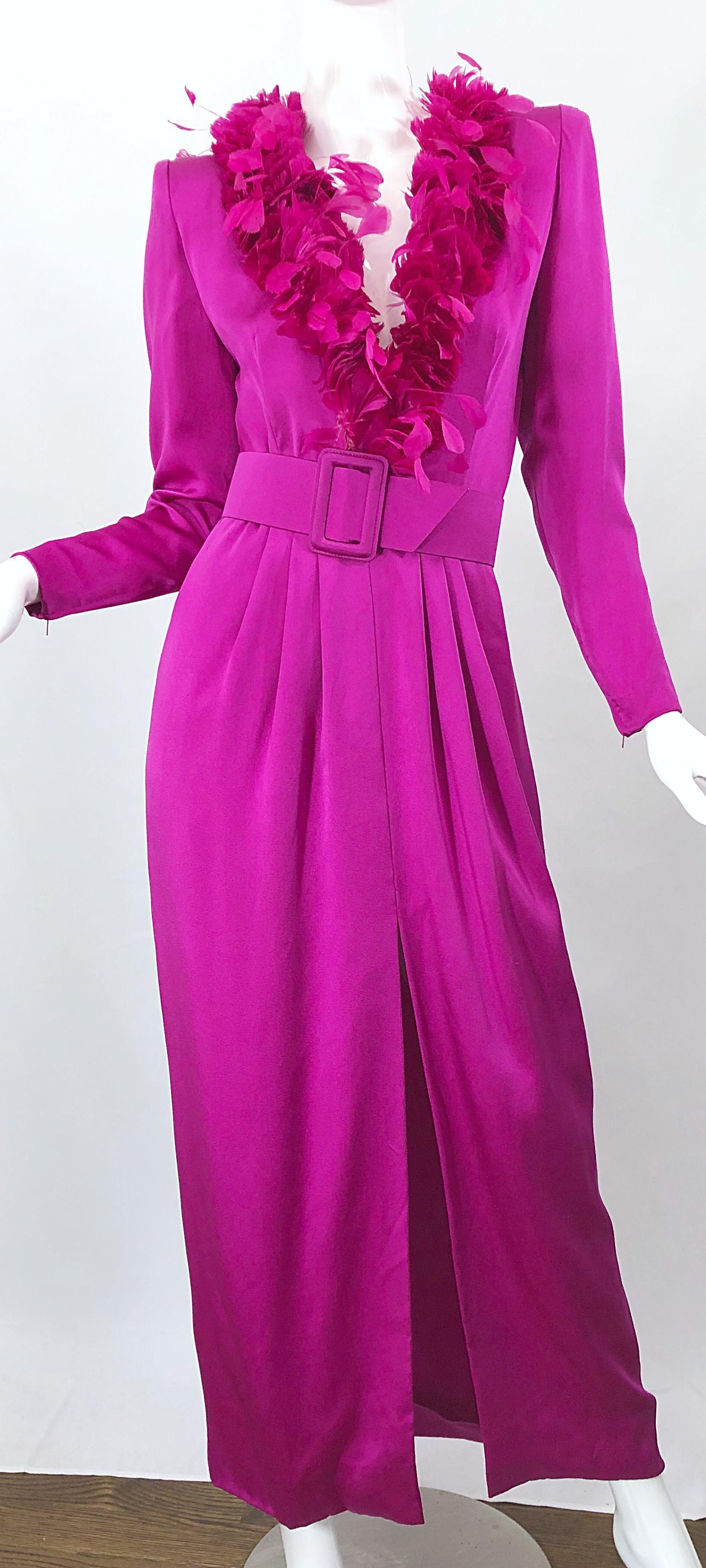 Vintage Givenchy Couture Hot Pink Fuchsia 1980s Feathers Belted Long Sleeve Gown For Sale 7