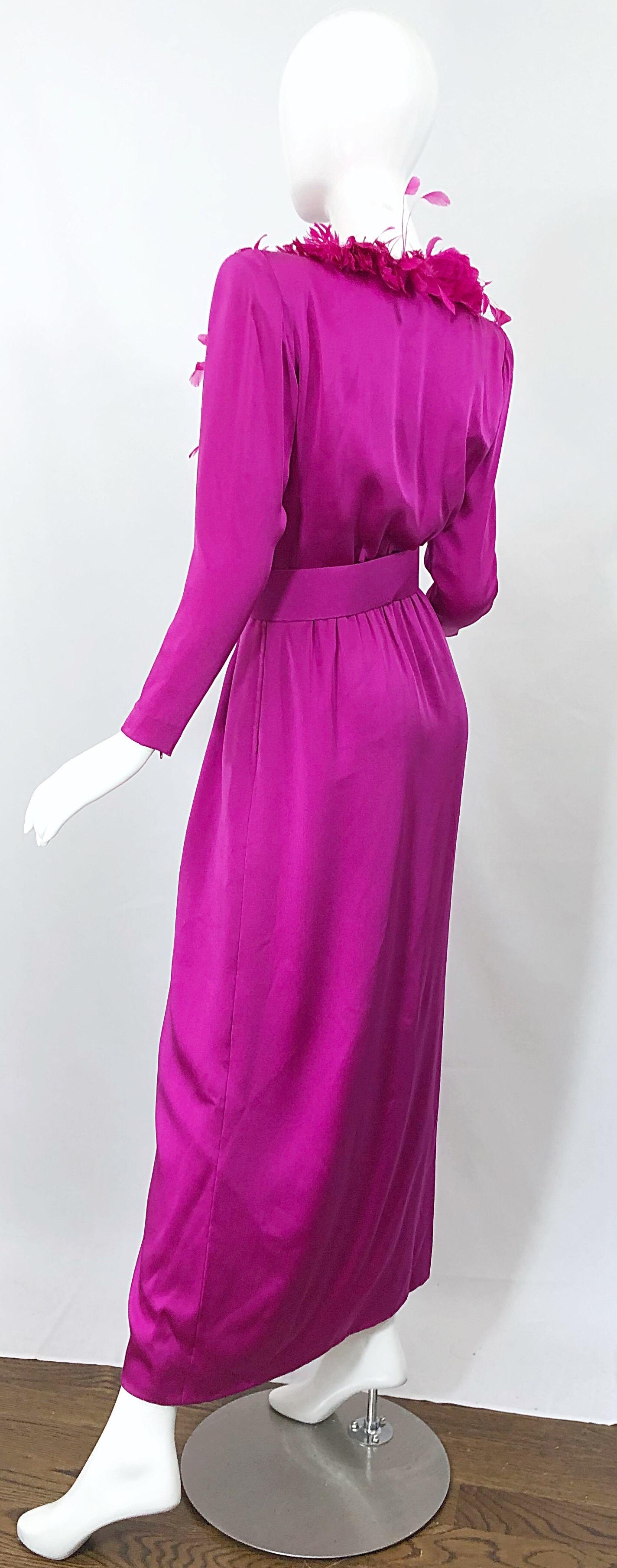 Vintage Givenchy Couture Hot Pink Fuchsia 1980s Feathers Belted Long Sleeve Gown For Sale 8