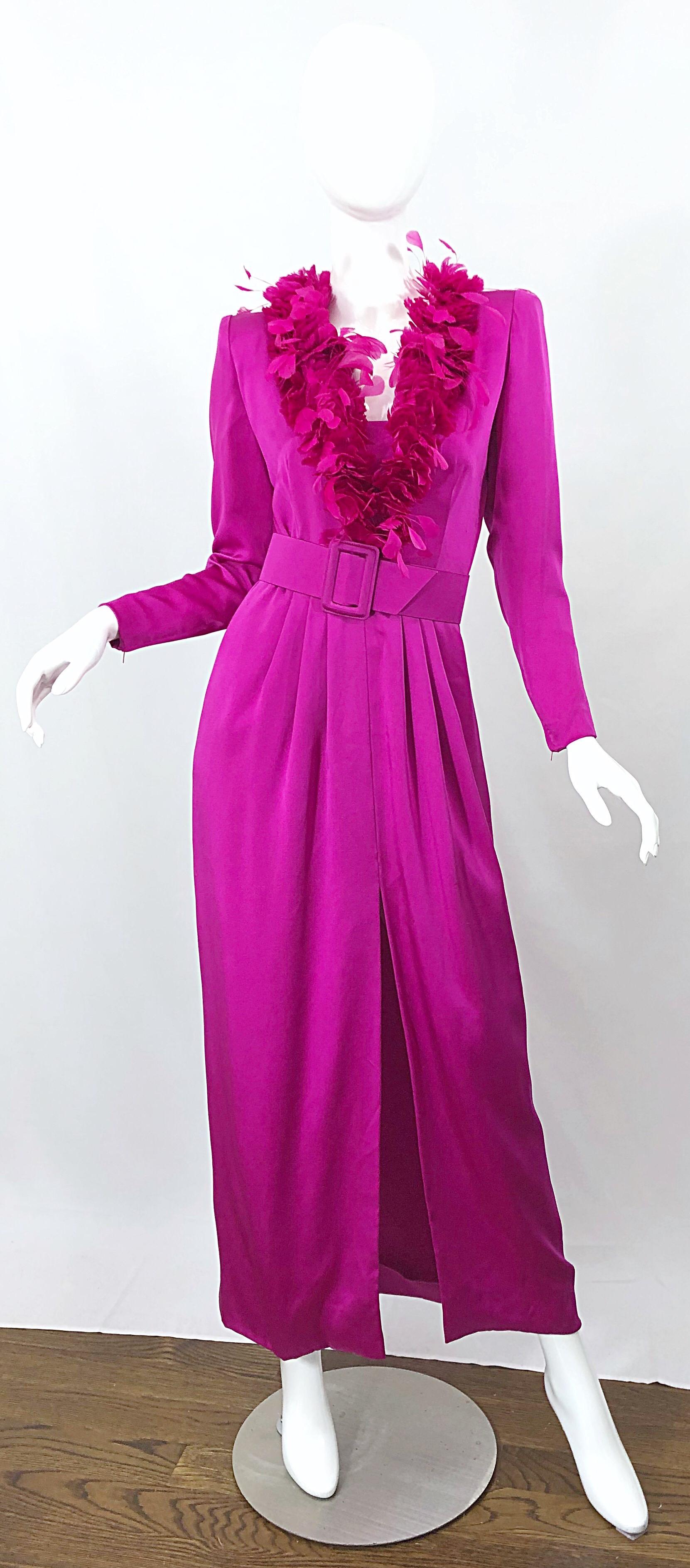 Vintage Givenchy Couture Hot Pink Fuchsia 1980s Feathers Belted Long Sleeve Gown For Sale 9
