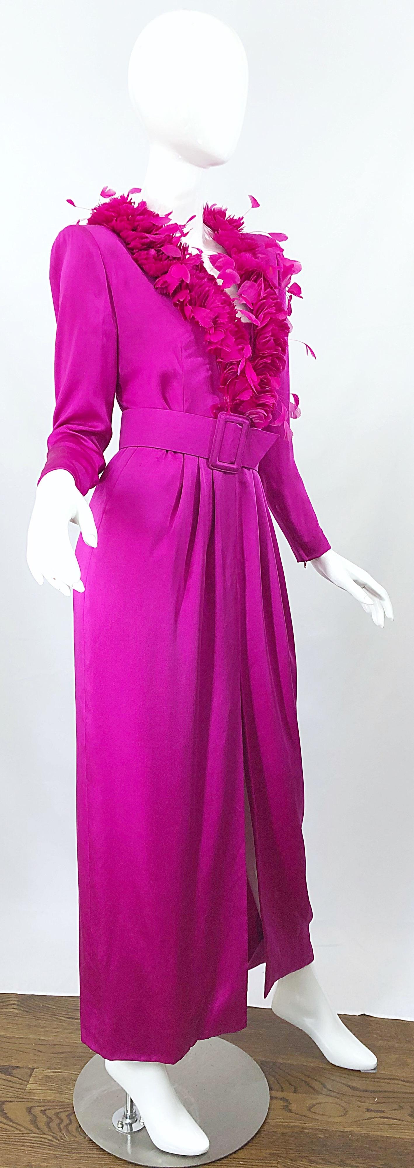 Vintage Givenchy Couture Hot Pink Fuchsia 1980s Feathers Belted Long Sleeve Gown In Excellent Condition For Sale In San Diego, CA