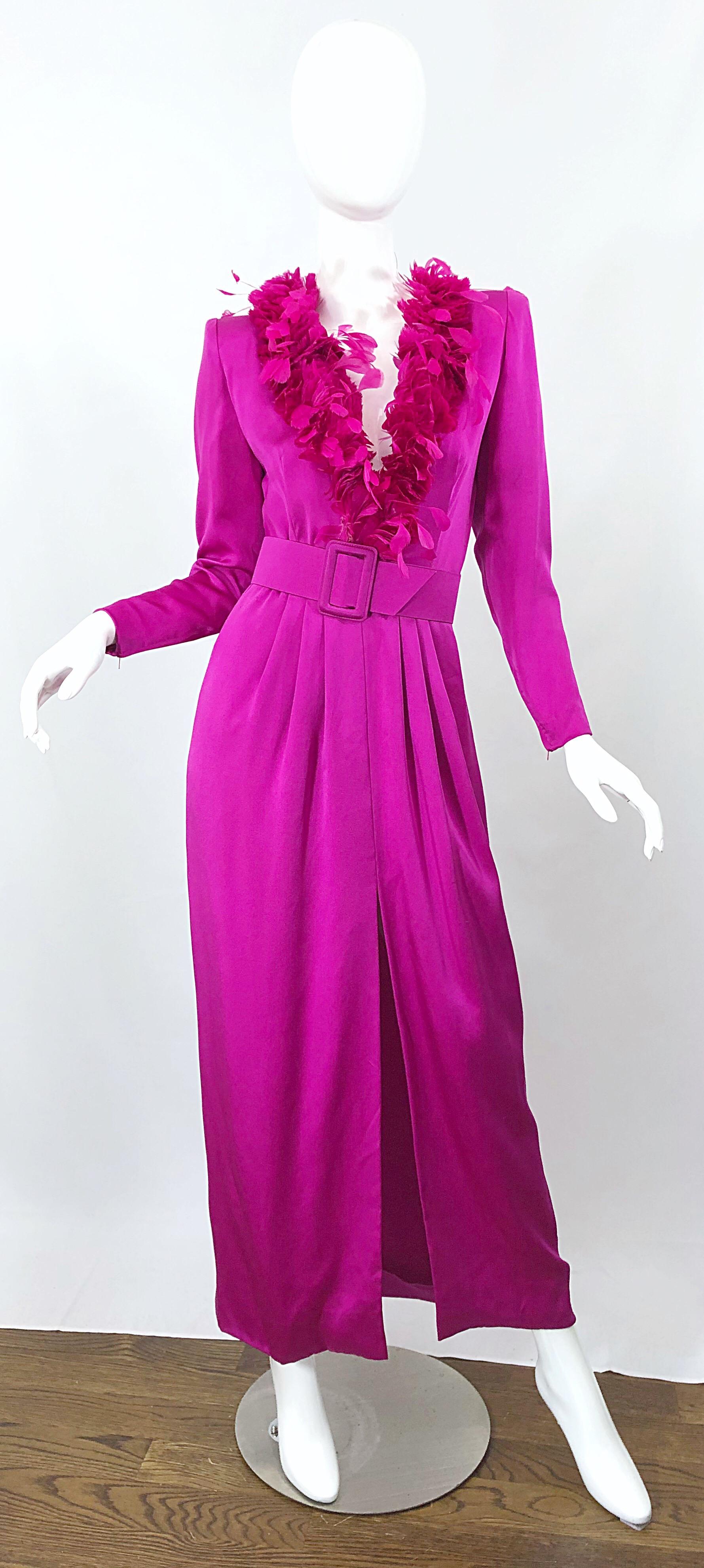 Women's Vintage Givenchy Couture Hot Pink Fuchsia 1980s Feathers Belted Long Sleeve Gown For Sale