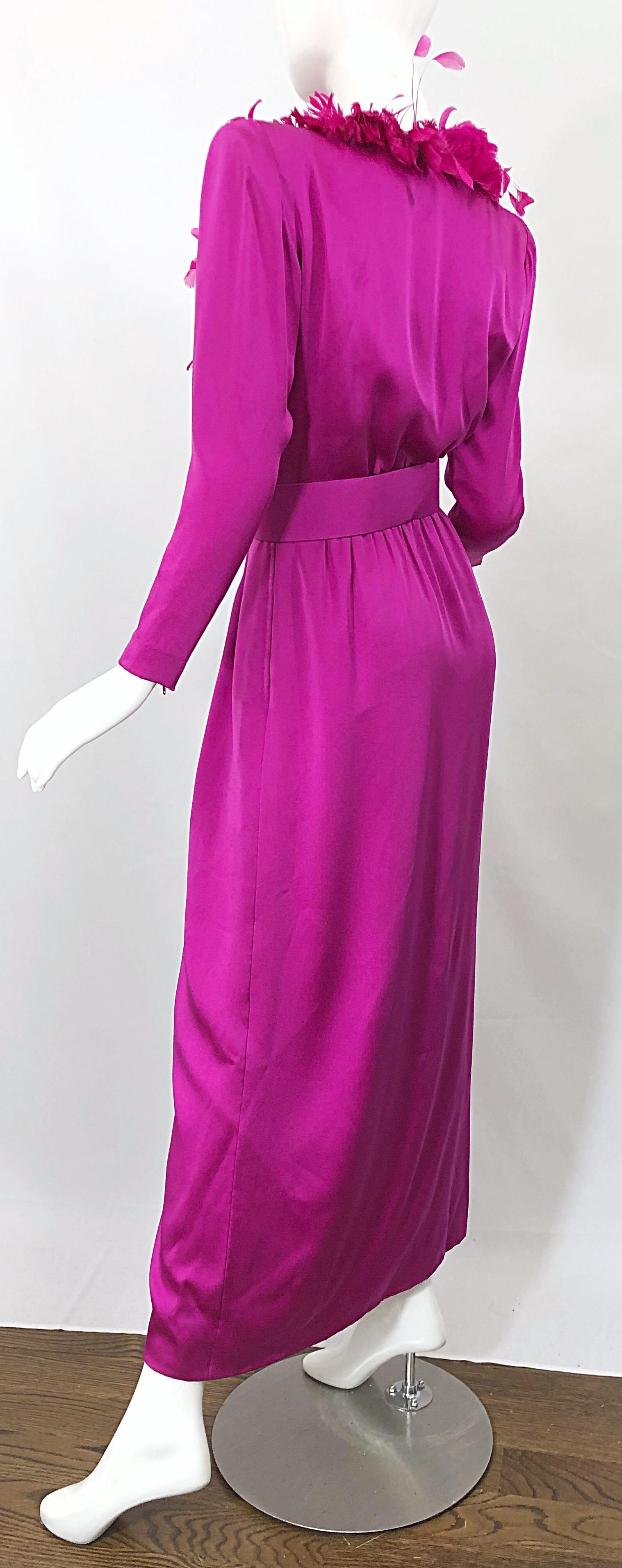 Vintage Givenchy Couture Hot Pink Fuchsia 1980s Feathers Belted Long Sleeve Gown For Sale 1