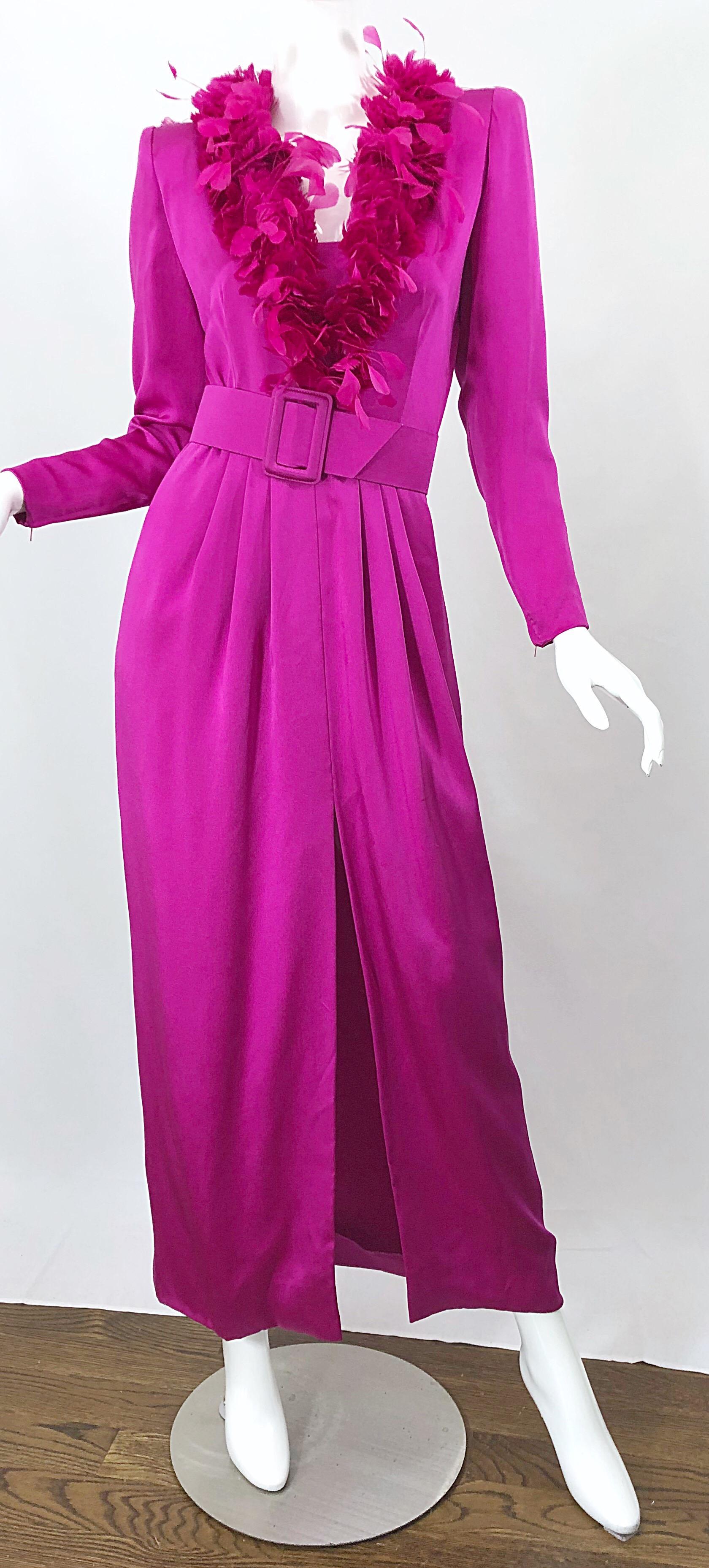Vintage Givenchy Couture Hot Pink Fuchsia 1980s Feathers Belted Long Sleeve Gown For Sale 2