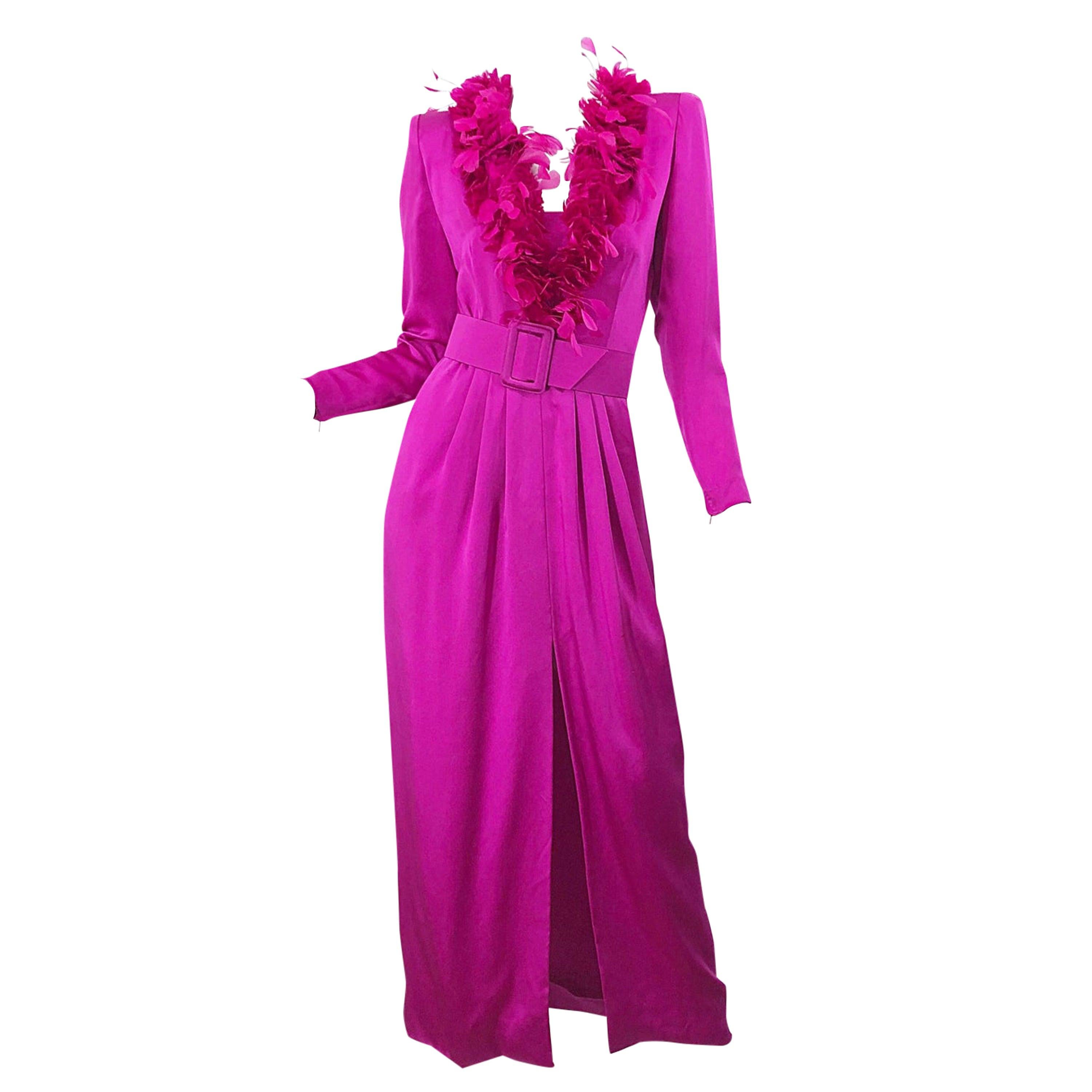 Vintage Givenchy Couture Hot Pink Fuchsia 1980s Feathers Belted Long Sleeve Gown